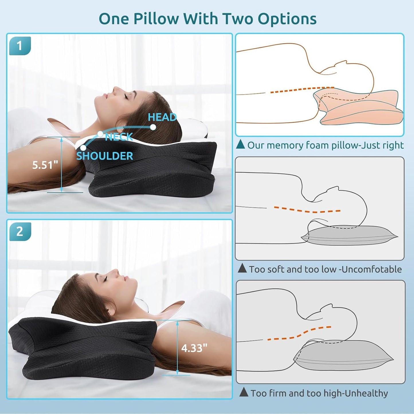 DONAMA Cervical Pillow for Neck and Shoulder,Contour Memory Foam Pillow,Ergonomic Neck Support Pillow for Side Back Stomach Sleepers with Pillowcase-King Size