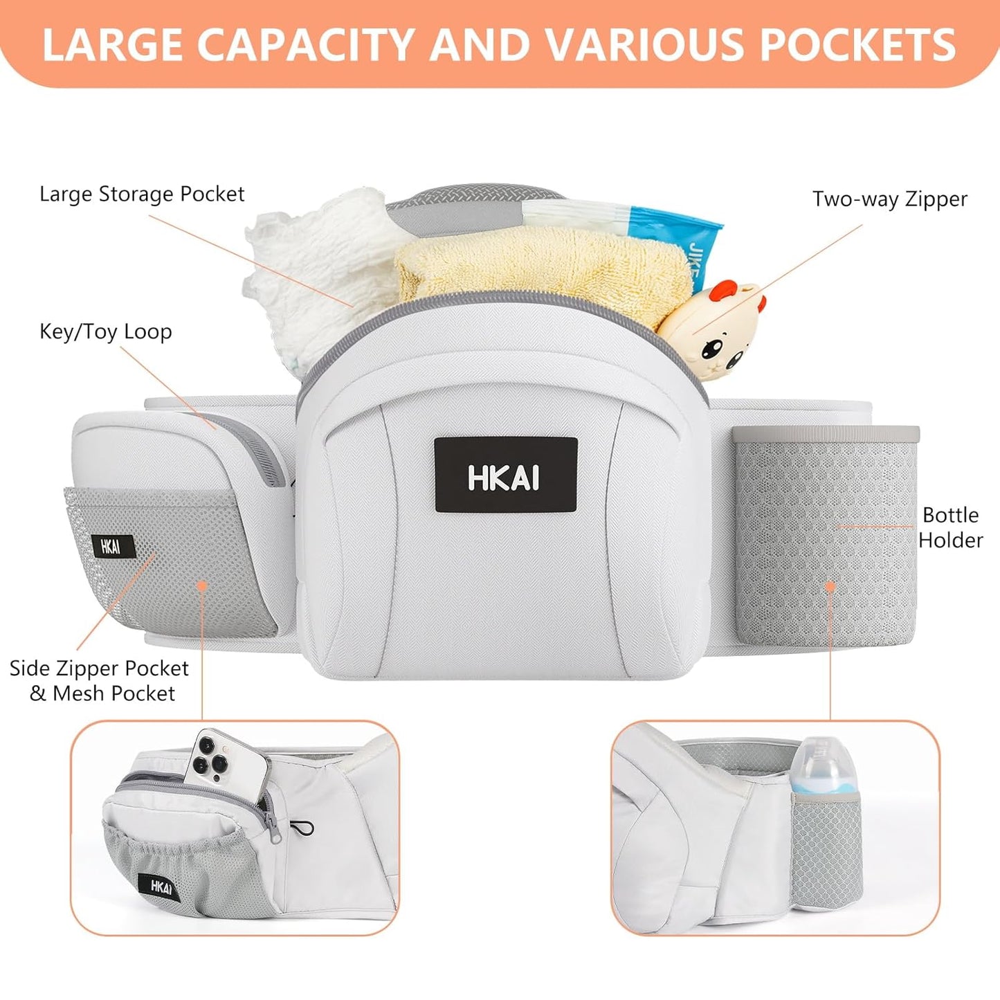 HKAI Baby Hip Carrier, Mom’s Choice Award Winner, Baby Carrier with Adjustable Waistband & Breathable Mesh, Ergonomic Carrier with Non-Slip Hip Seat Surface for Newborns & Toddlers, Light Grey