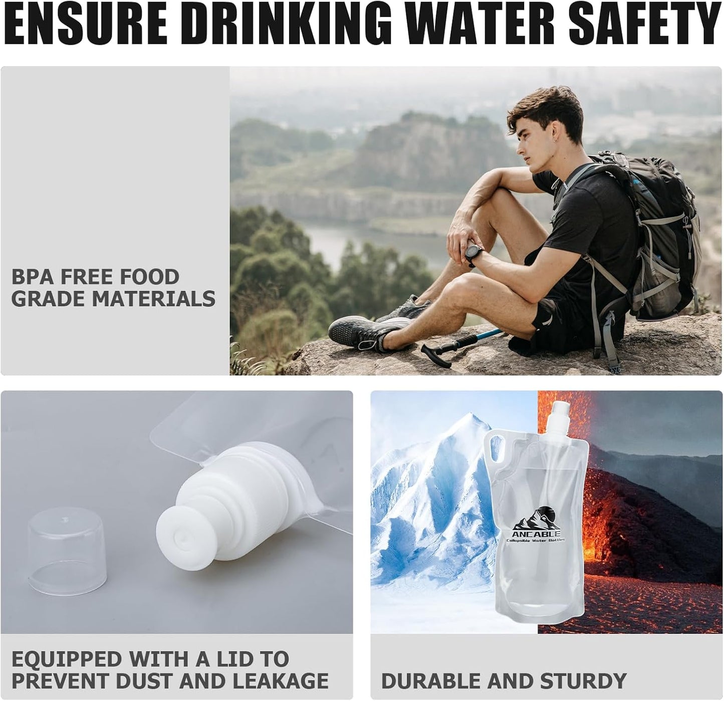 1L Hiking Collapsible Water Bottles, 8-Pack 33OZ BPA-Free Foldable Backpacking Water Bottle for Travel Camping Hiking