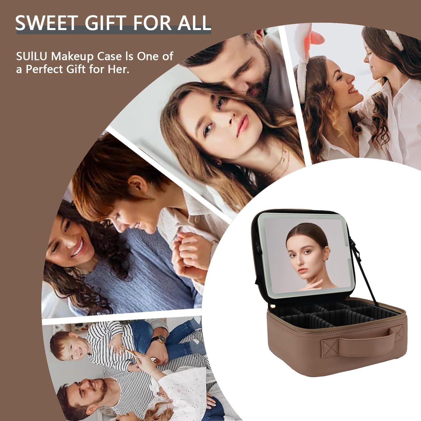 Makeup Bag with Led Mirror,Travel Makeup Organizer with 3 Color Setting, Portable Storage and Adjustable Dividers Travel Makeup Bag(Mocha)