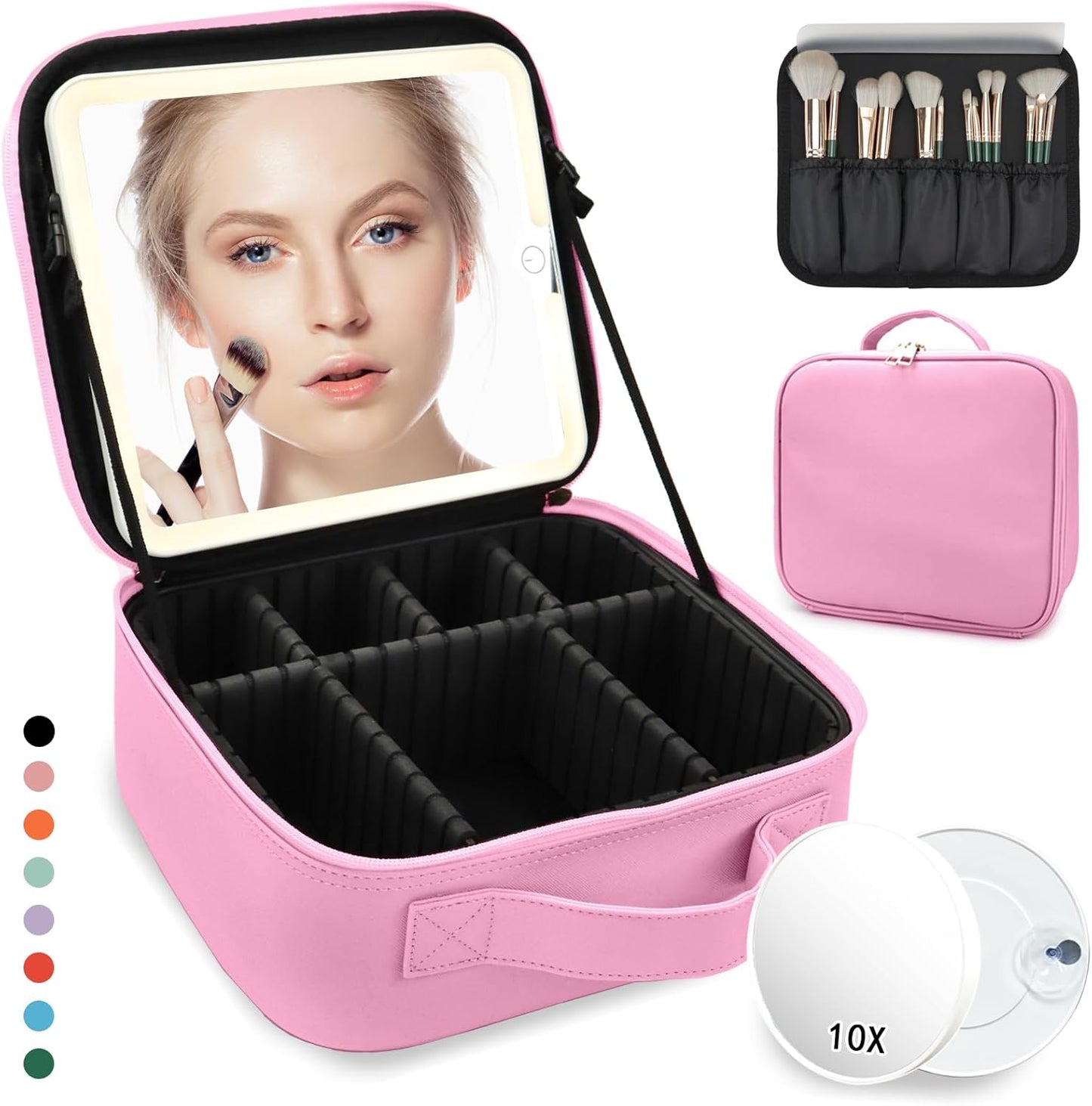 Travel Makeup Bag for Makeup Artists Large Makeup Case,with Mirror 3 Color Setting and Detachable 10x Magnifying Mirror Travel Makeup Bag,Portable Storage and Adjustable Dividers（Dark Pink）