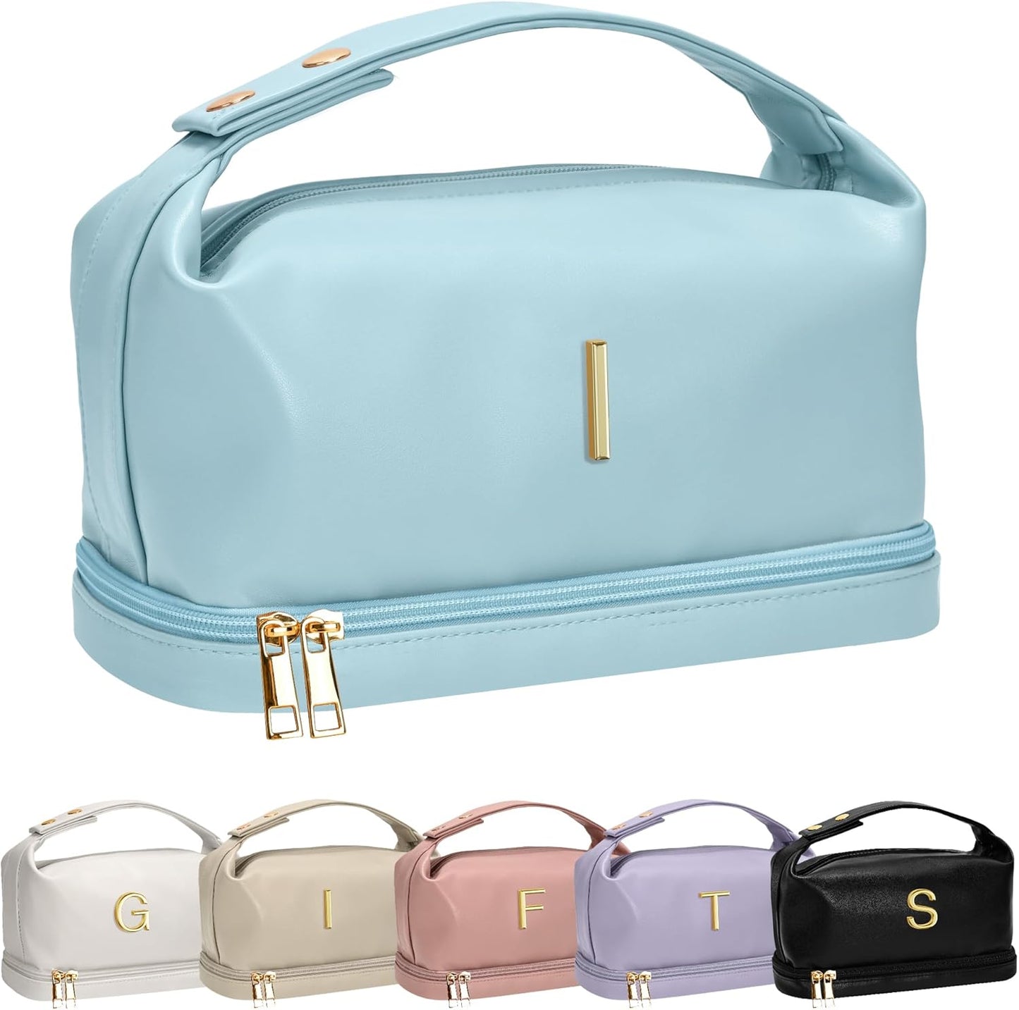 Trendy Gifts for Women, Personalized Makeup Bag with Handle, Initial Double Layer Cosmetic Bag with Makeup Brush Organizer, Customized Gifts for Woman, Gifts for 20 Year Old Female