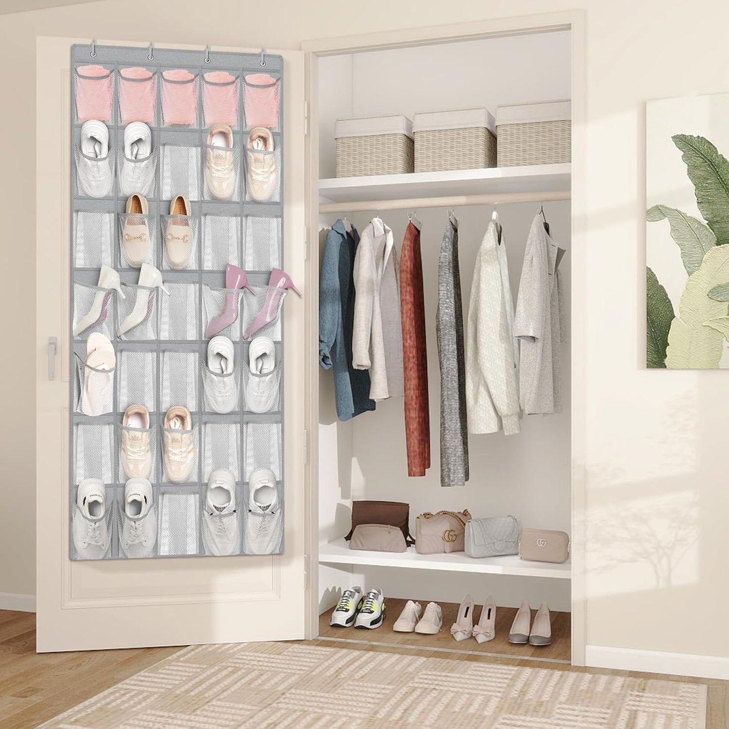 FENTEC 35 Large Pockets Over The Door Shoe Organizer, Mesh Hanging Shoe Organizer Shoe Rack for Closet Mesh Closet Shoe Holder, Over Door Organizer, Shoe Organizer for Wall, Grey, 1 Pack