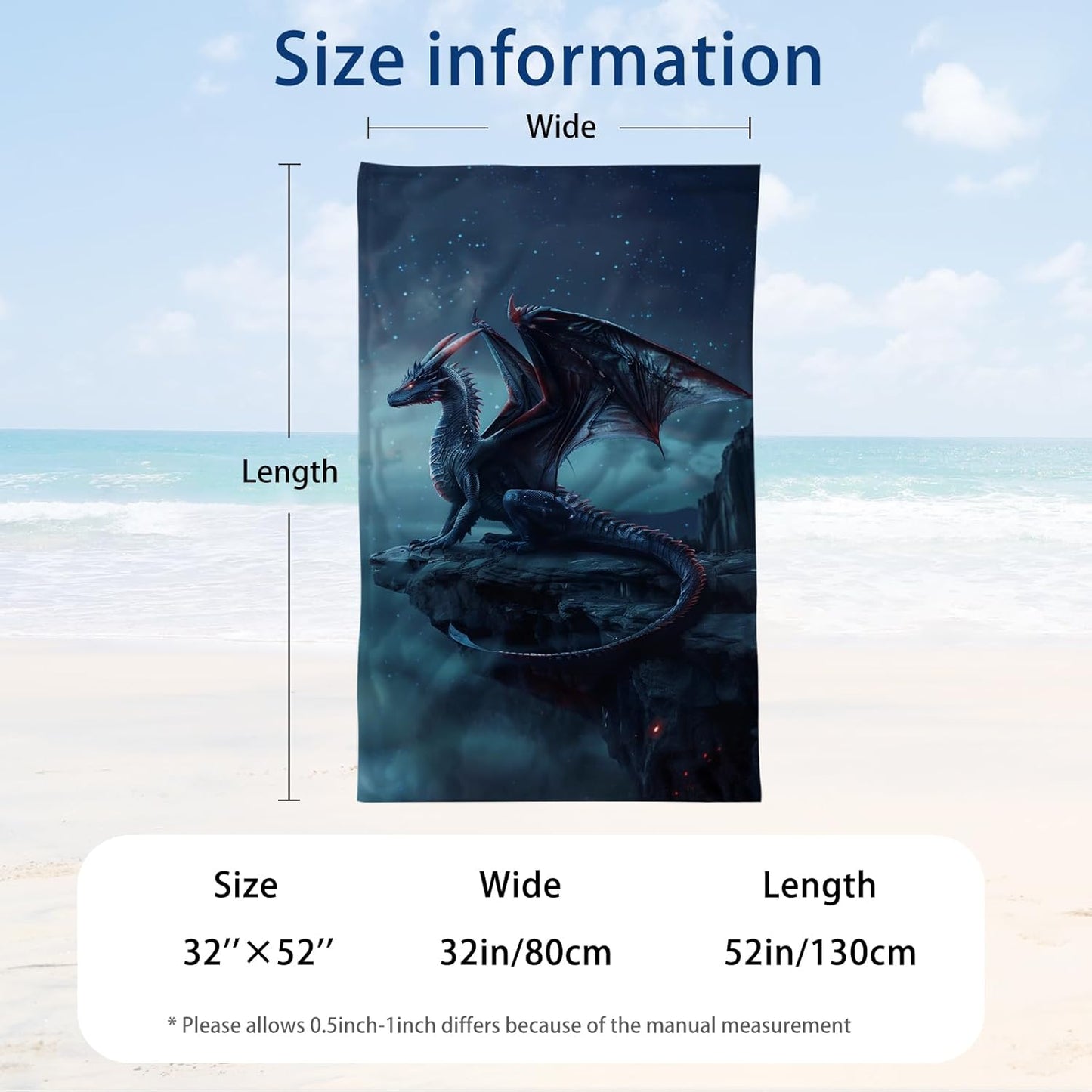 WZOMT Microfiber Dragons Beach Towel, Cool Funny Blue Dragons Standing on The Cliff Edge Bath Towels for Kids Boys Men, Quick Dry Sandproof Swim Pool Towel, Oversized 32x52 Inch