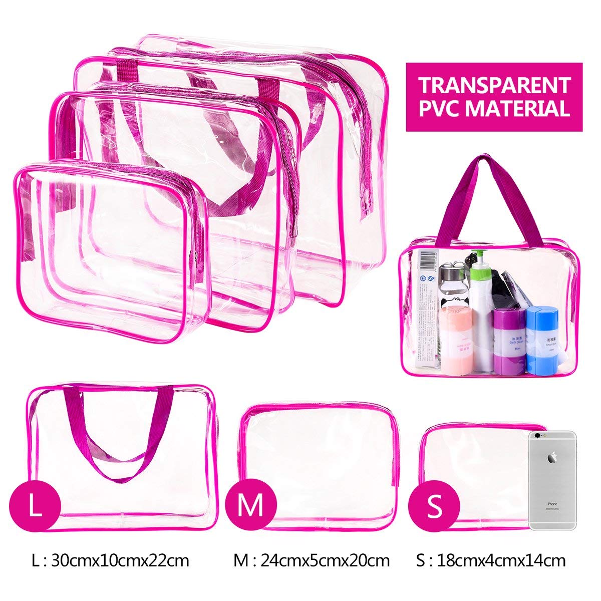 5Pcs Crystal Clear PVC Travel Toiletry Bag Kit for Women Men, Waterproof Vinyl Packing Organizer Storage Bags with Zipper Handle Straps, Cosmetic Pouch Carry on Airport Airline Compliant Bag Handbag