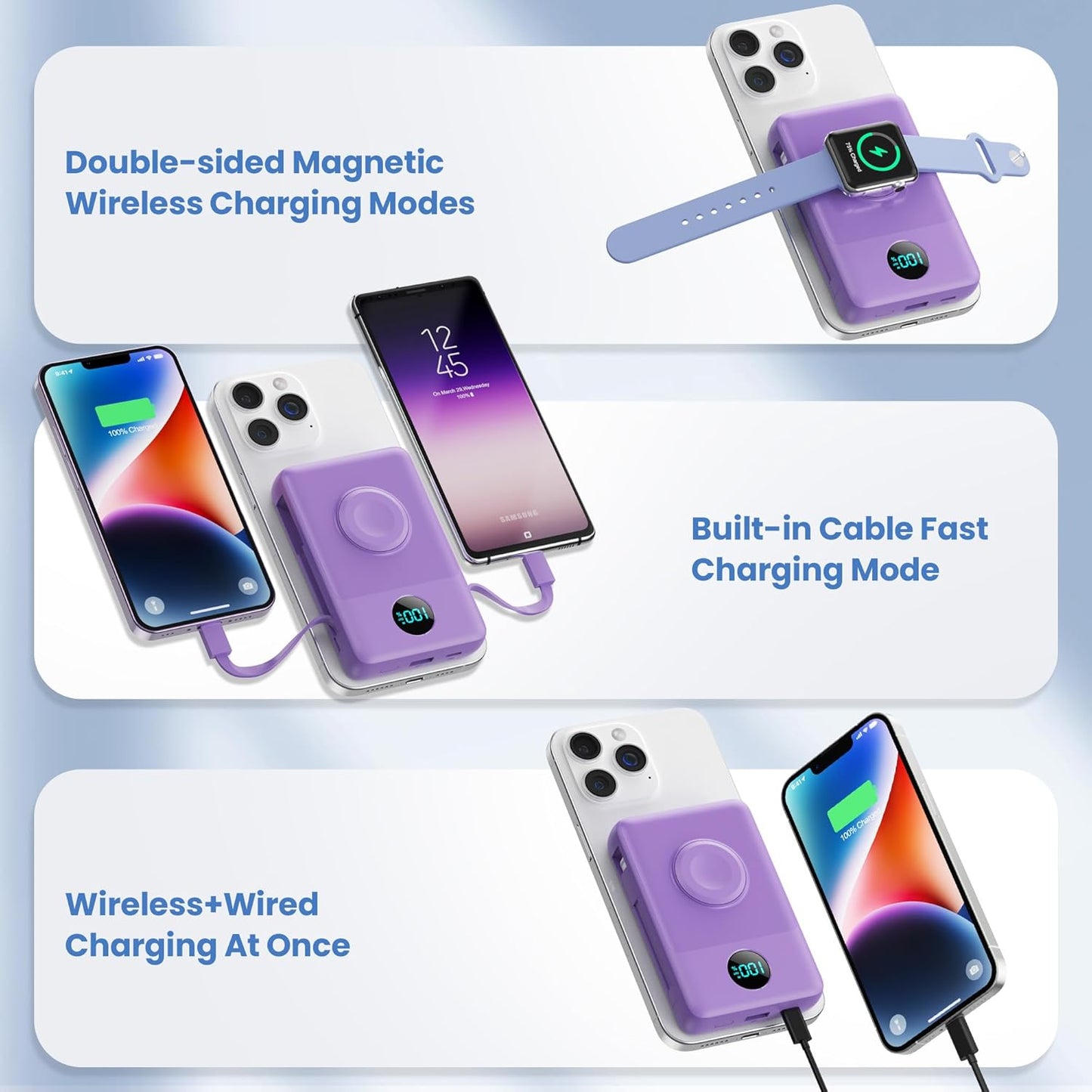 Magnetic Portable Charger for iPhone with Built-in Cables, 6-in-1 10800mAh Power Bank with iWatch Charger & LCD Display,25W Fast Charging Battery Pack for iPhone 16/15/14/13/12,Apple Watch (Purple)