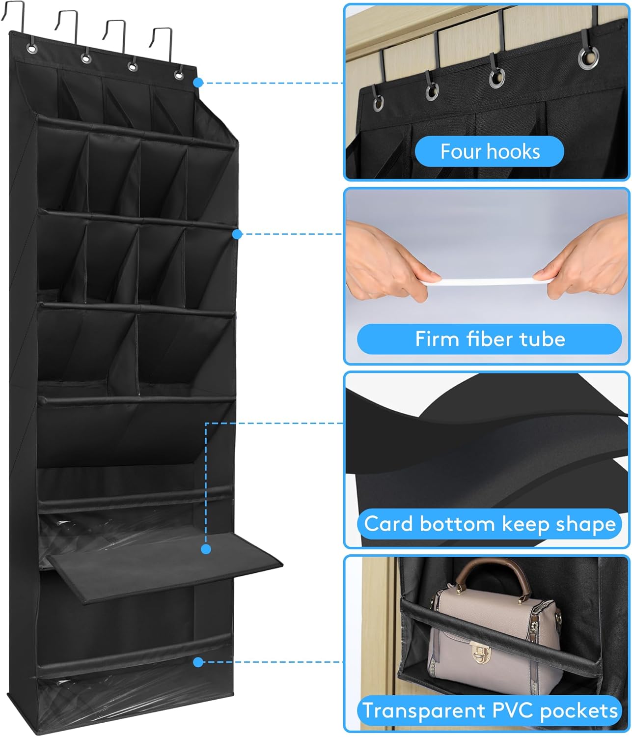 Over The Door Shoe Organizer with Large Deep Pockets Door Shoe Rack for Narrow Door Hanging Multifunction Shoe Holder for Dorm Closet Door, Black 16 Pockets
