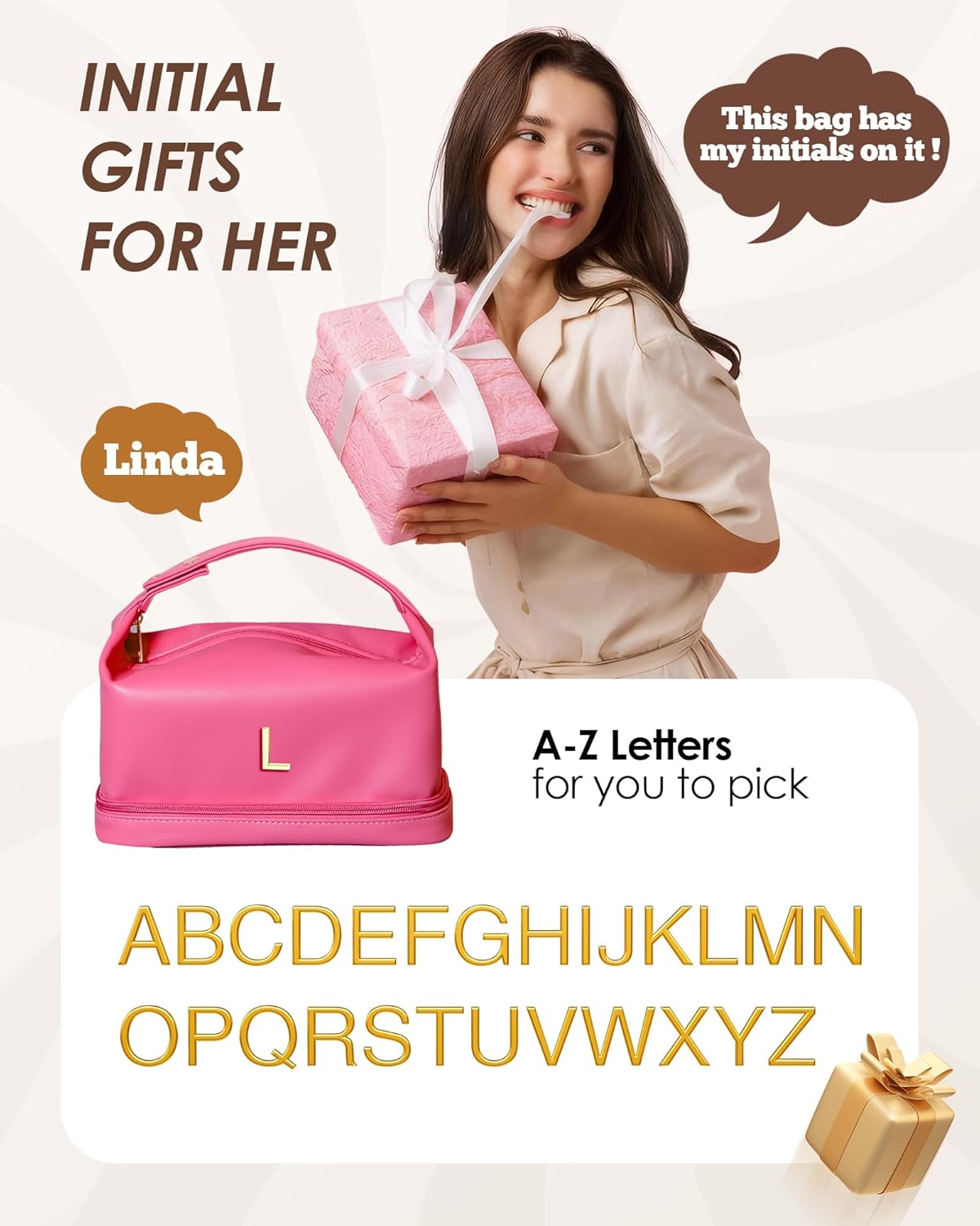 Gifts for Teacher Women, Personalized Makeup Bag with Handle, Initial Double Layer Cosmetic Bag with Makeup Brush Organizer, Cute Cosmetic Pouch for Women, Gifts for Friends Female