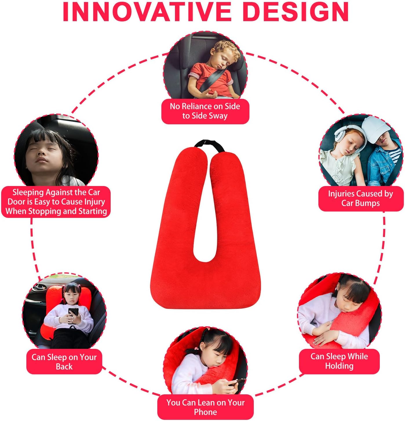 Travel Pillow, Travel Pillow for Kids, Sleeper Hold Pillow Travel, Removable U-Shaped Pillow for Adults and Children to Support Head and Body in The Back Seat of Long Car Trips (Red)