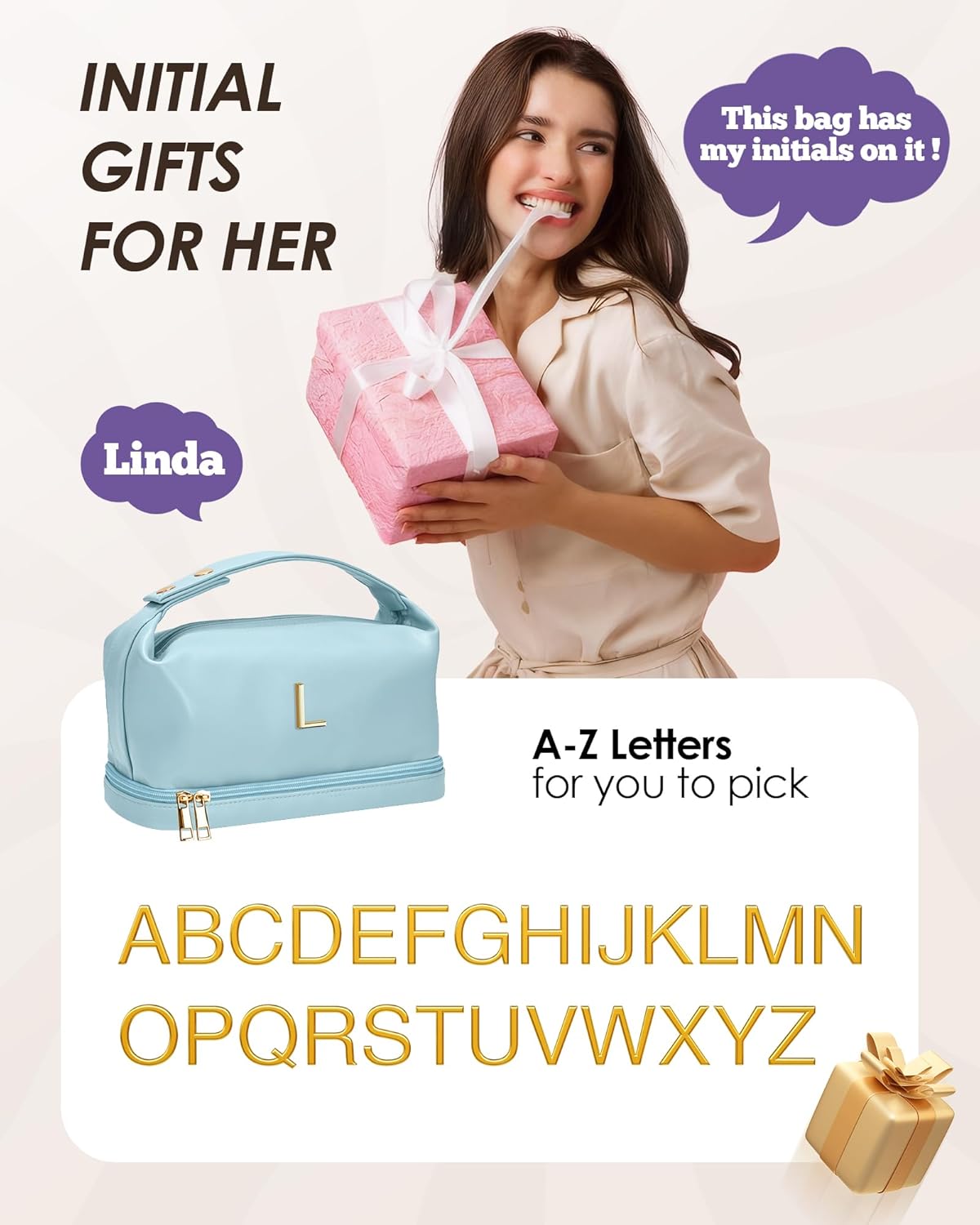 College Girl Gift Ideas, Personalized Makeup Bag with Handle, Initial Double Layer Cosmetic Bag with Makeup Brush Organizer, Birthday Gifts for 11 12 13 14 15 16 17 18 Year Old Girls