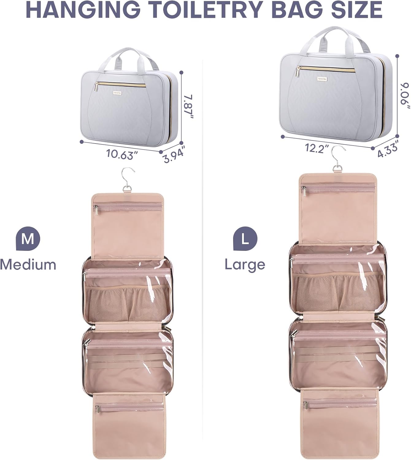 Hanging Toiletry Bag for Women Travel, 2 Sizes Large & Small Waterproof Cosmetic Organizer with 4 Compartments, Rotating Hook, Foldable Pink Travel Bag for Toiletries & Makeup - Medium Grey