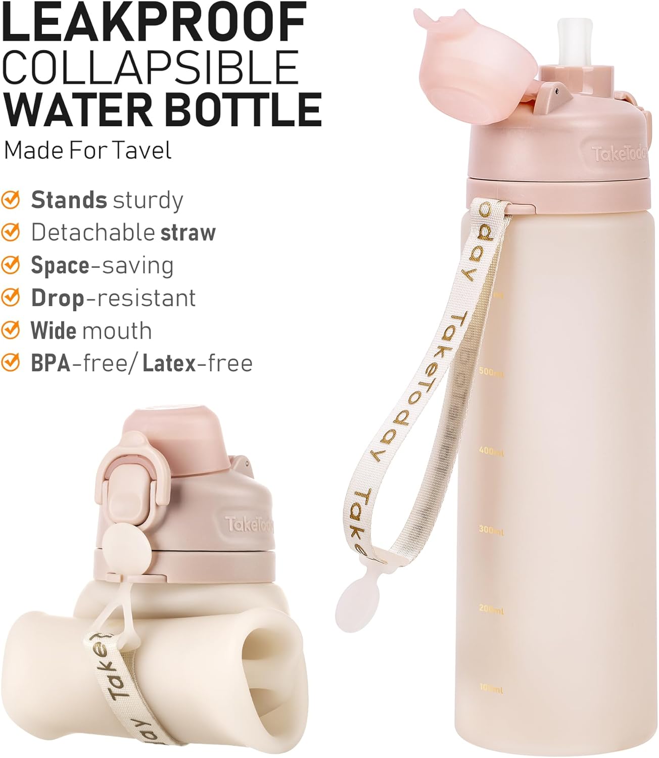 TakeToday Collapsible Water Bottles 20oz, Leak Proof, BPA-Free, Foldable Silicone Travel Water Bottle with Straw Strap for Cycling, Hiking, Outdoors