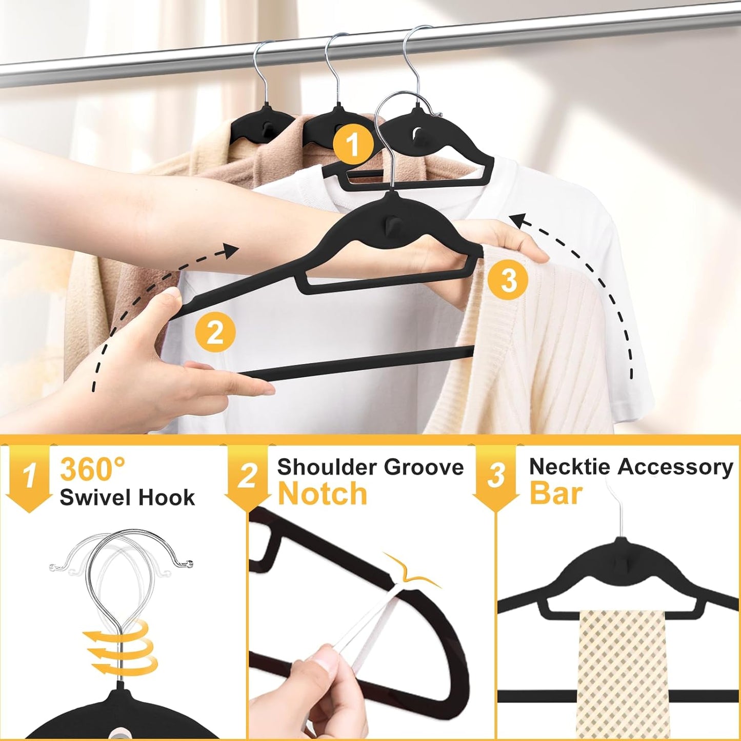 Velvet Felt Stackable Hangers 50 Pack, Non Slip, with 360° Swivel Hook, Ultra Thin and Space Saving for Suits, Shirts, Coats, 15Lbs Capacity Heavy Duty, Black