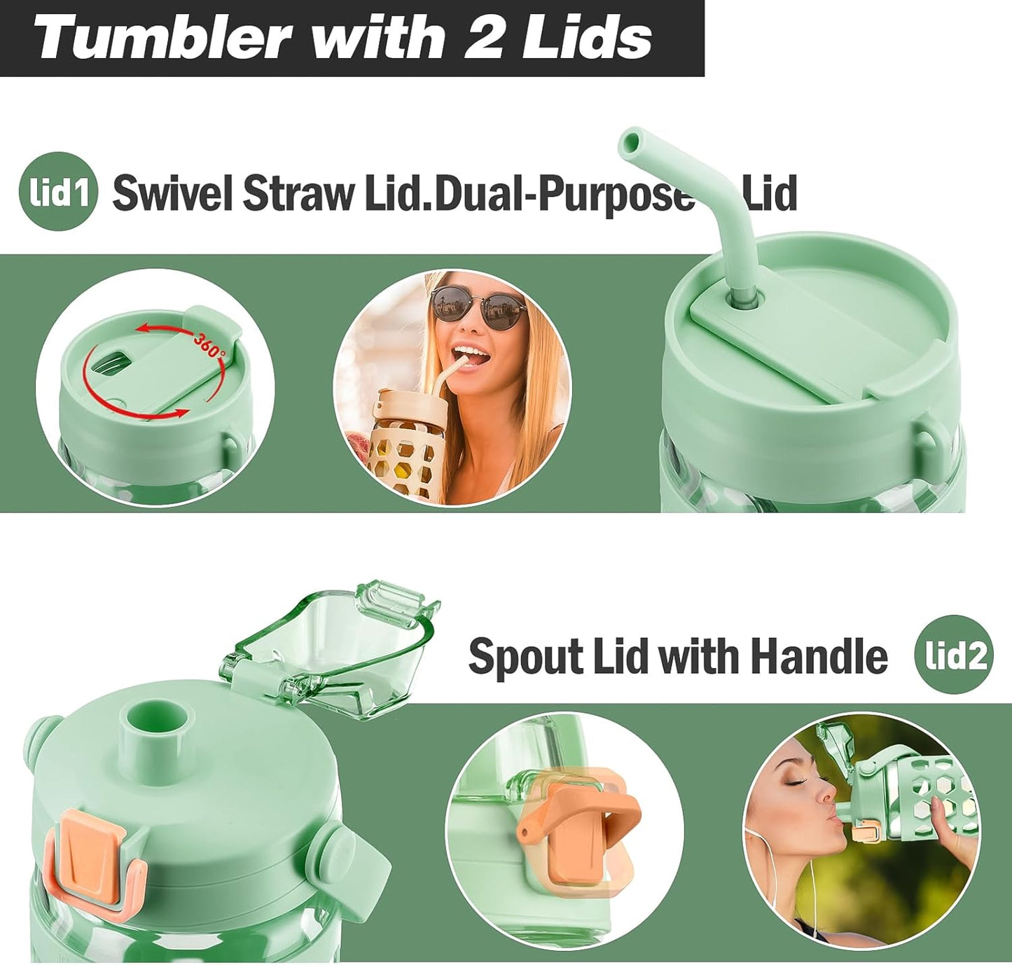 MUKOKO 32 oz Glass Tumbler with Straw,Glass Water Bottles with Time Marker,Iced Coffee Cup with 2 Lids-Handle Spout Lid&Straw Lid,Silicone Sleeve,Leakproof,1 Pack-Green