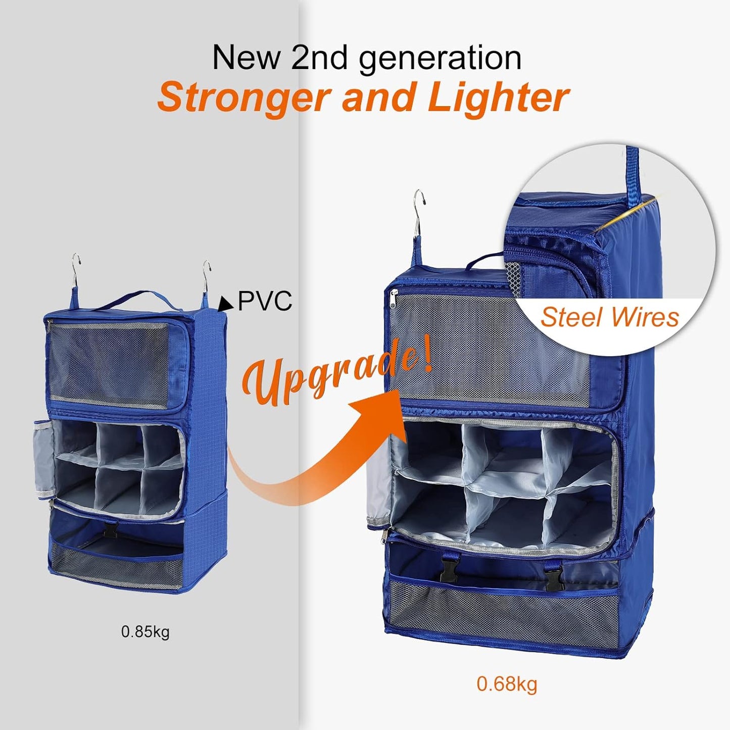 TABITORA Travel Portable Hanging Shelves Closet Organizer Packing Luggage Storage with Multifunctional and Foldable Invisible Compartment,Lightweight, for Suitcase, RV,Closet…Blue,XXL