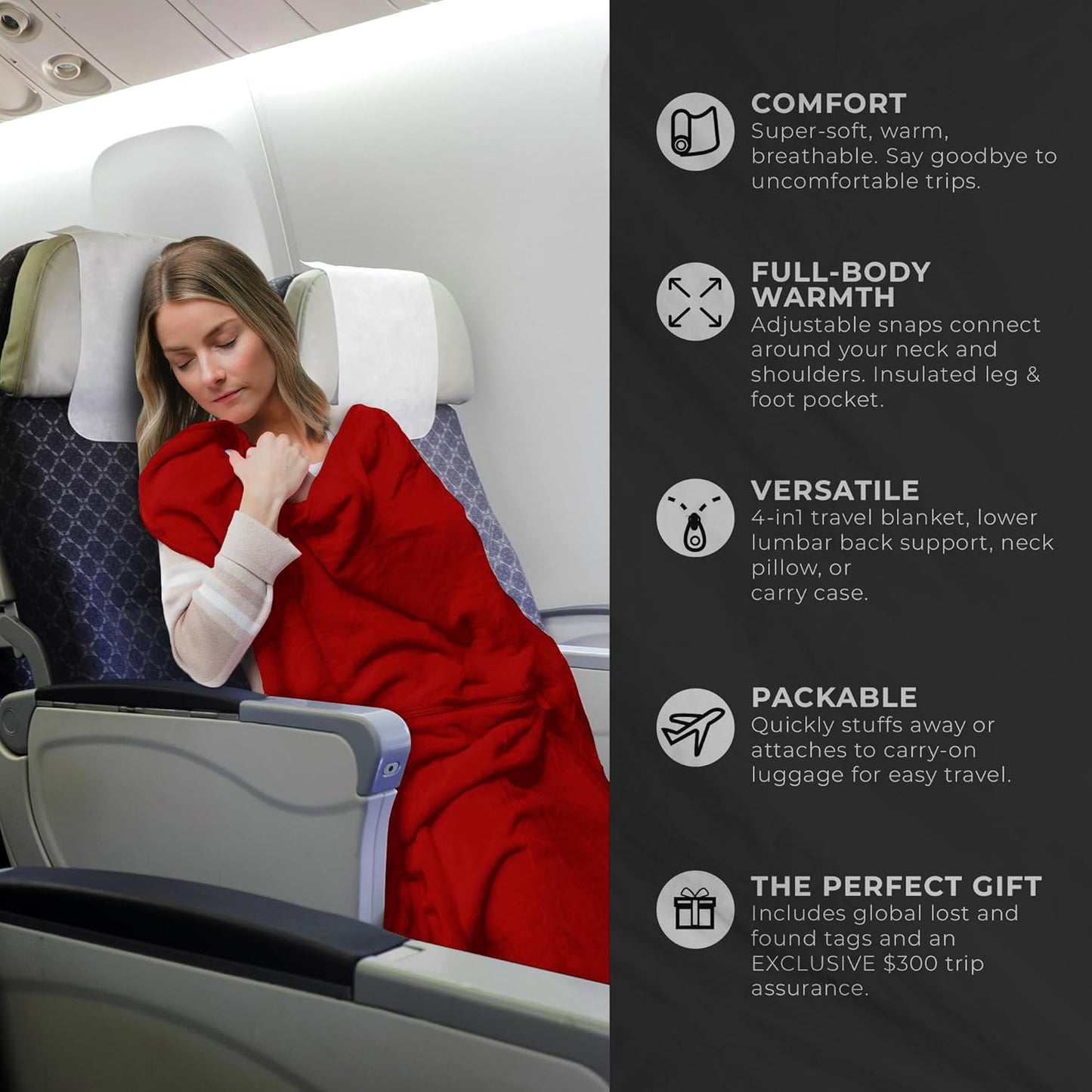 Lightweight Travel Blanket - Premium & Compact Airplane Wearable Blanket with Neck Snaps, Cozy Foot Pockets, Zipper Pouch - Converts into Soft Pillow - Designed for Ultimate Comfort - Scarlet
