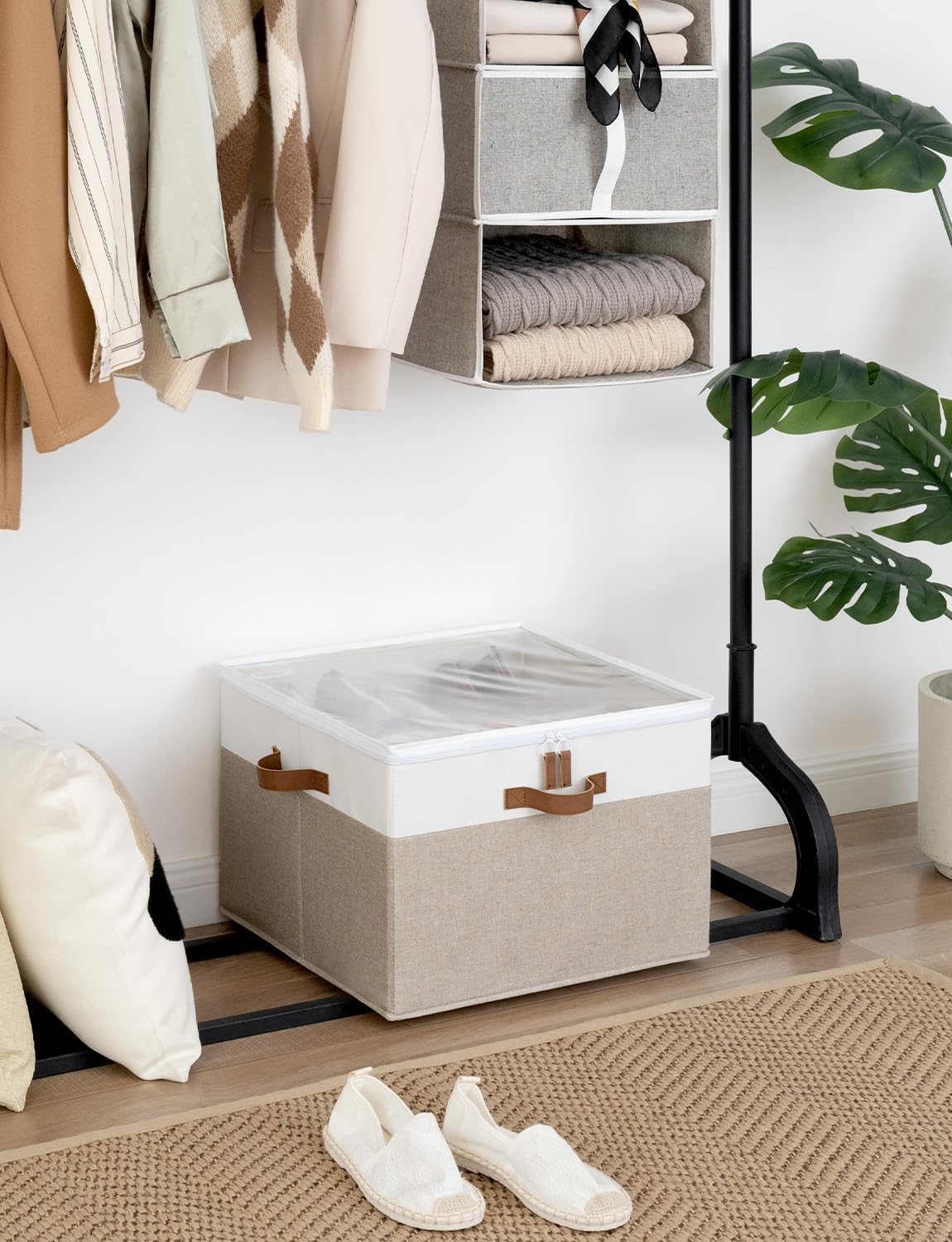 StorageWorks Shoe Organizer for Closet, Fits up to 16 Pairs, Shoe Cubby Storage Containers with Adjustable Dividers and Clear Cover, Brown & White