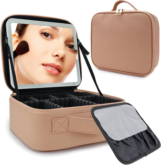 Travel Makeup Bag with LED Mirror Travel Makeup Organizer with 3 Lighted Settings, Adjustable Dividers and Makeup Brush Storage Bag Khaki