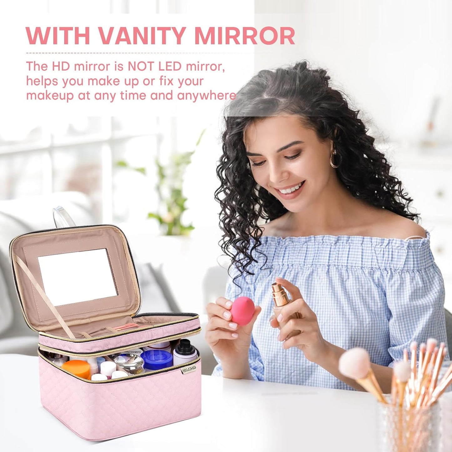 Double Layer Travel Makeup Bag Women, Cosmetic Organizer Case, Travel Essentials Accessories with Shoulder Strap for Bottles, Brushes, Conditioner, Skin Care Products, Pink