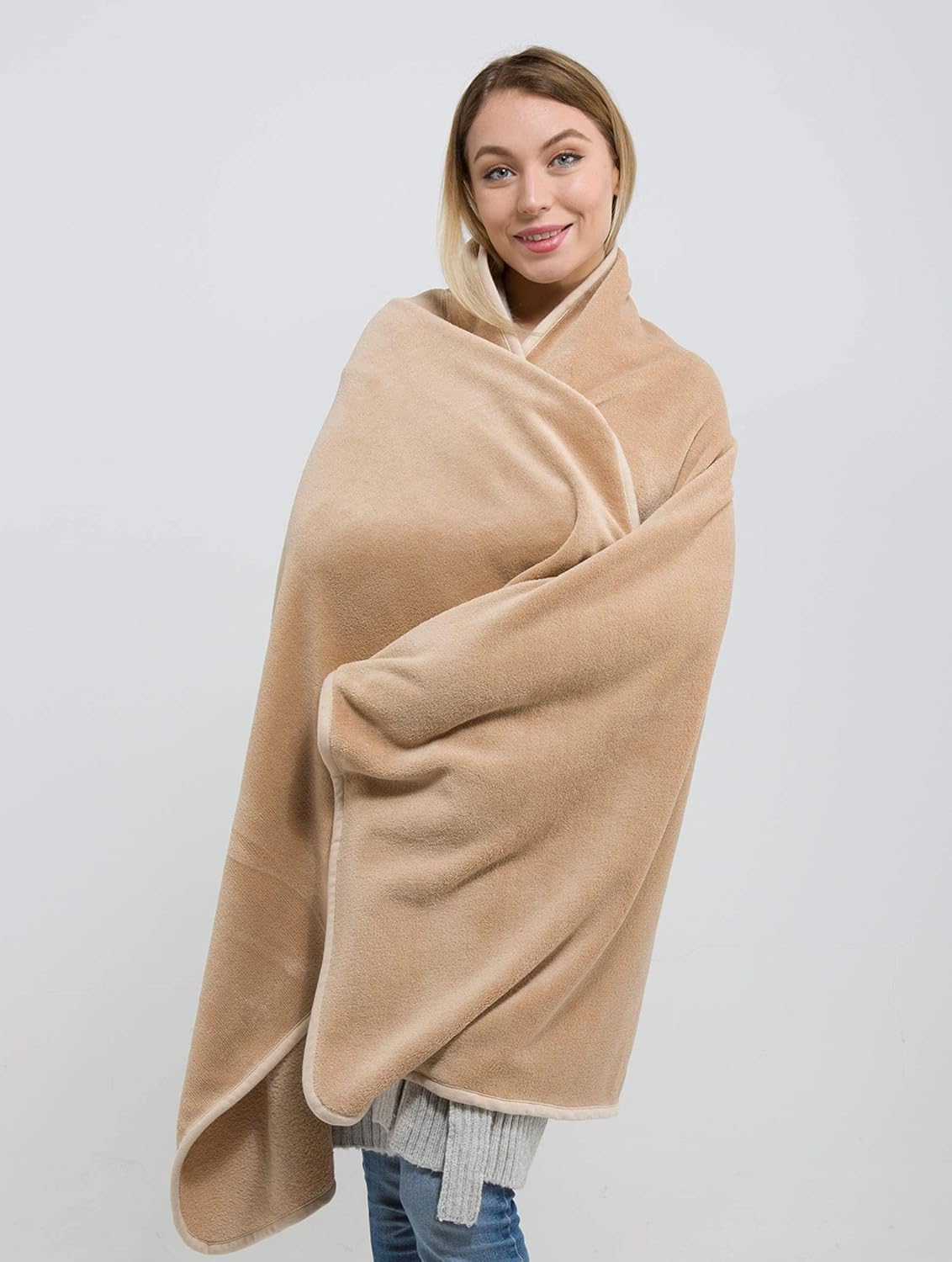 BlueHills Premium Soft Tall Travel Blanket Pillow for Airplane Traveling Essentials Long Flight Trip Throw in Bag case with Backpack Clip Compact Large Plane Accessories Beige T053