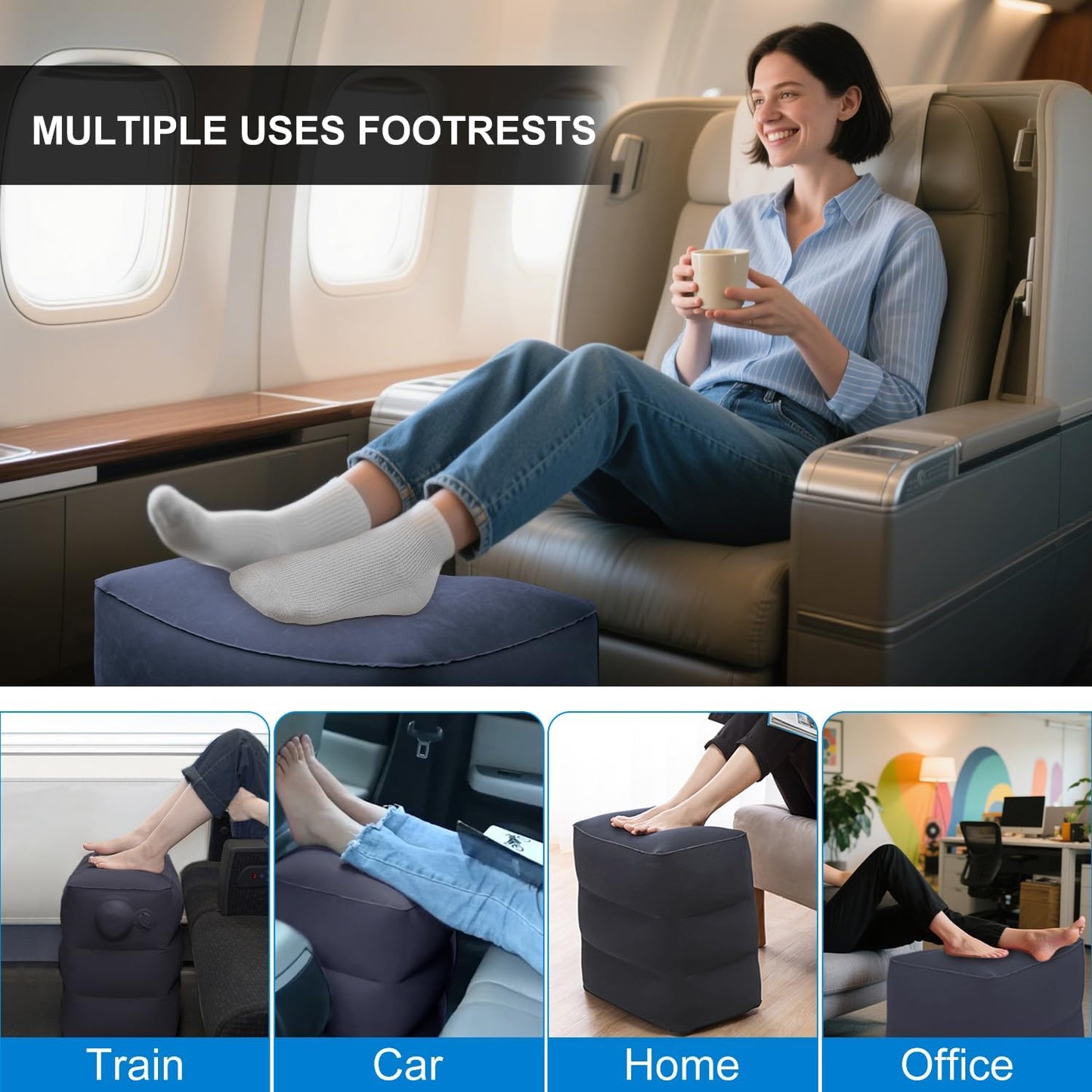 Inflatable Foot Rest Pillow for Travel,2 Pack Travel Foot Rest for Airplane Flights, Car Seat Foot Rest Pillow with Pump & Storage Bag Suitable for Office,Airplane,Train,Cars,Home (2Pack Navy)