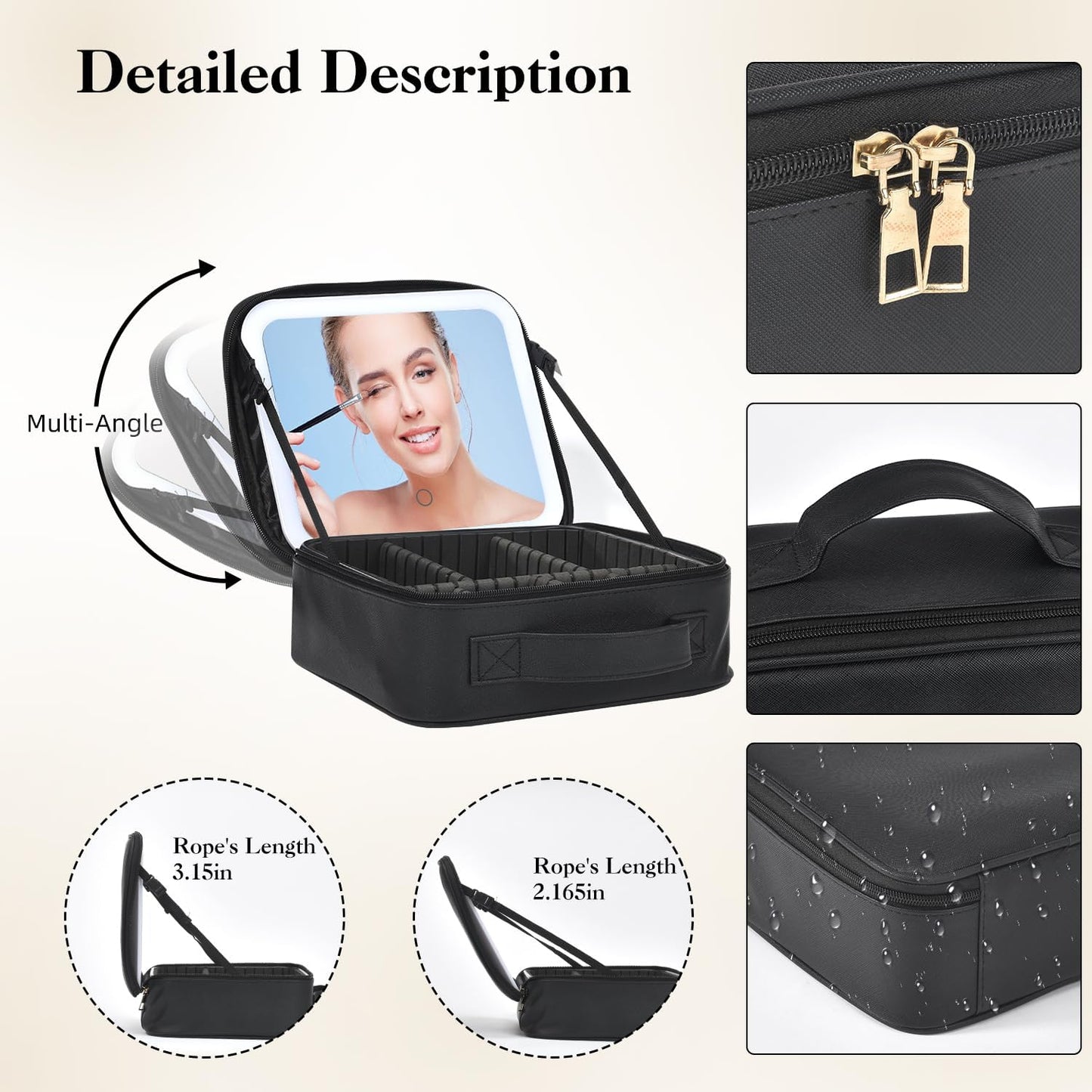 Travel Makeup Bag With LED Mirror,Cosmetic Train Case with 3 Color Setting,Cosmetic Makeup Organizer Bag with Adjustable Dividers,Portable Make up Box with Make up Brushes Holder Storage（Back）