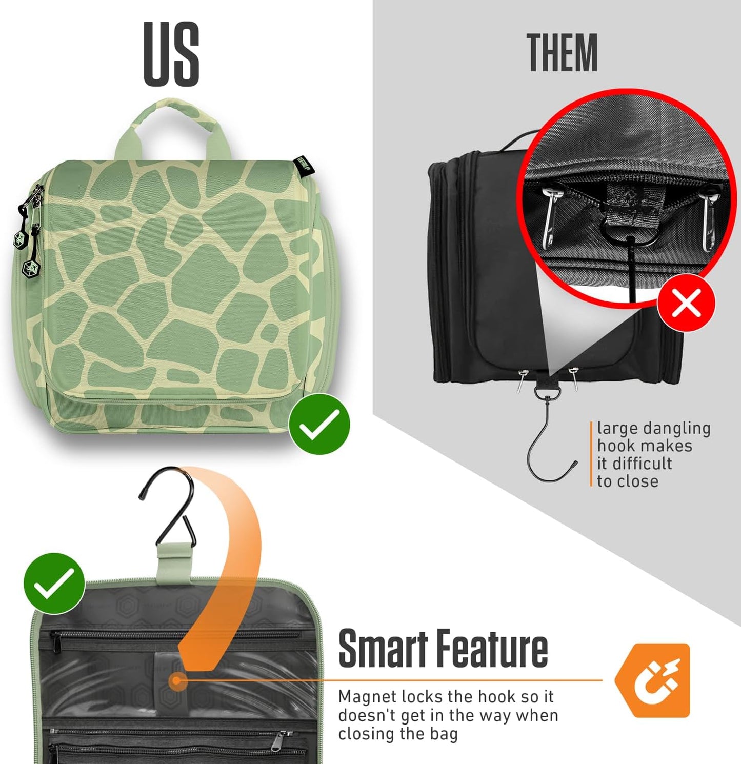 VENTURE 4TH Hanging Travel Toiletry Bag for Women & Men - Travel Organizer with Expandable Compartments & Removable Clear Pouch for Toiletries (Olive Giraffe)