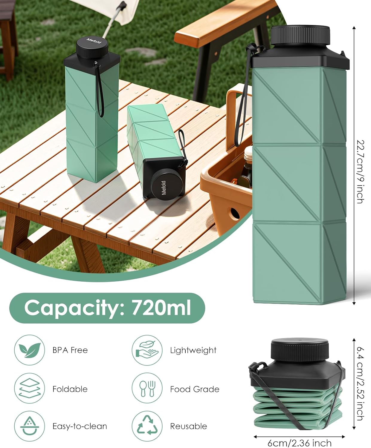 Collapsible Water Bottle, 2nd Generation Leakproof BPA-Free Travel 24.3oz(720ml), Lightweight Reusable, Portable for Travel Cycling Gym Camping Sports, Green