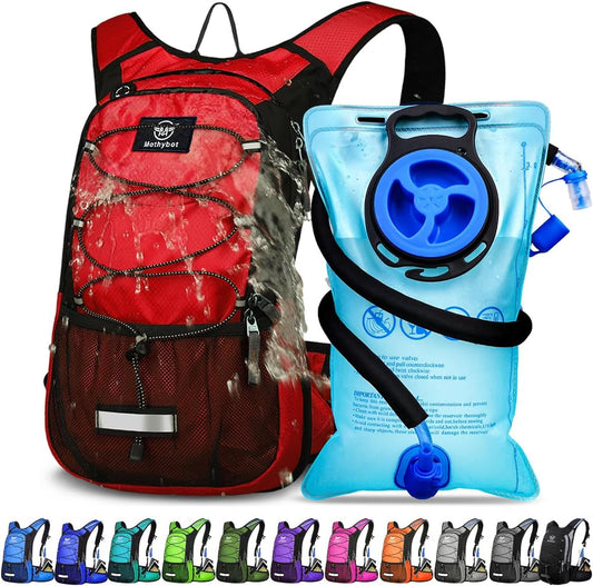 Insulated Hydration Backpack Pack with 3L BPA Free Leak Proof Water Bladder, Large Storage Lightweight Hiking Daypack with Waist Pouches & Cooler Layer, for Running, Biking, Camping, Festival