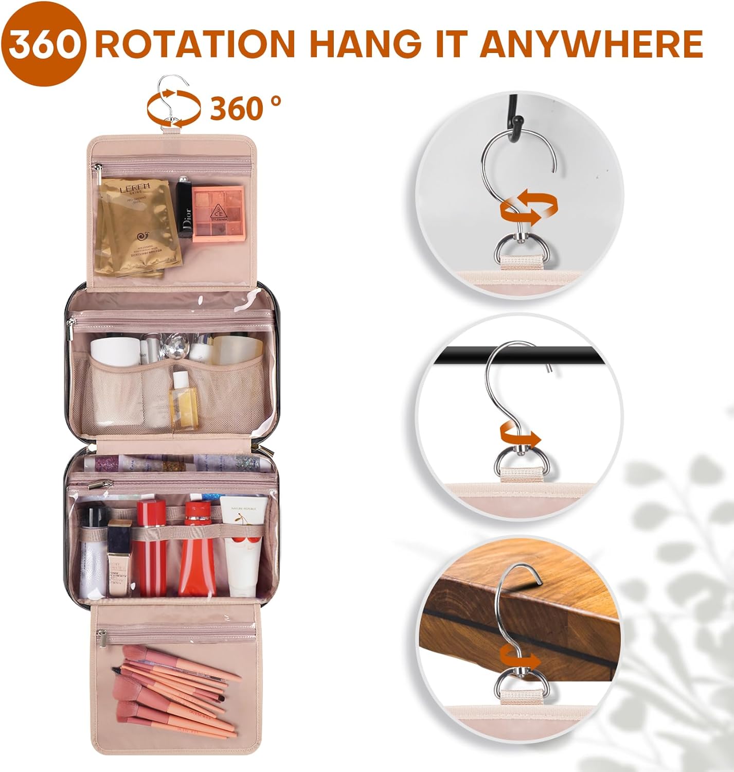 Hanging Toiletry Bag for Women Travel, 2 Sizes Large & Small Waterproof Cosmetic Organizer with 4 Compartments, Rotating Hook, Foldable Pink Travel Bag for Toiletries & Makeup - Medium Black