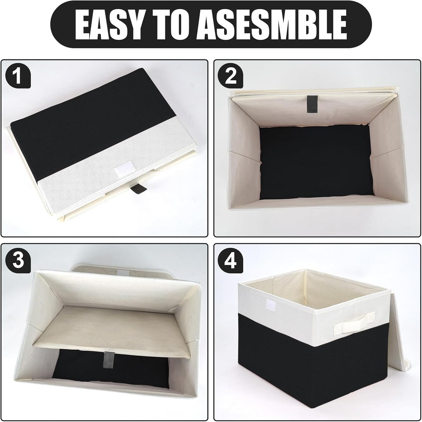 Large 22 Quart Linen Fabric Foldable Storage Bin Cube Organizer Basket with Flip-Top Lid & Handles, Clothes Blanket Box for Home, Office, Closet, Black & White, 4 Pack 14.6 x 9.5 x 9.5