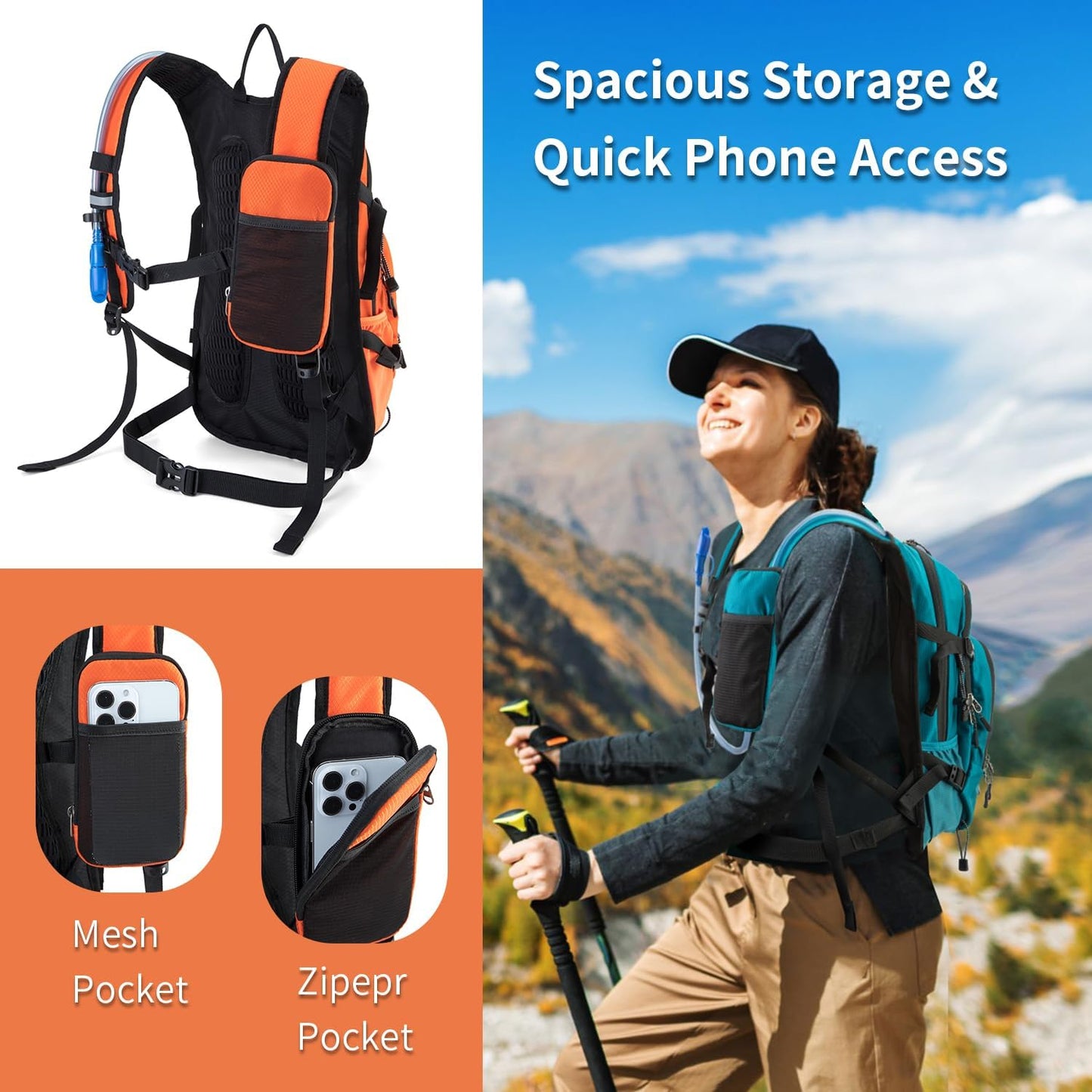 Hydration Backpack Pack with 2L Water Bladder 18L Hiking Backpack Women Men Lightweight Hydropack Insulated Daypack for Biking, Running, Festival