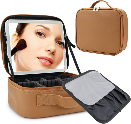 Travel Makeup Bag with LED Mirror Travel Makeup Organizer with 3 Lighted Settings, Adjustable Dividers and Makeup Brush Storage Bag Brown