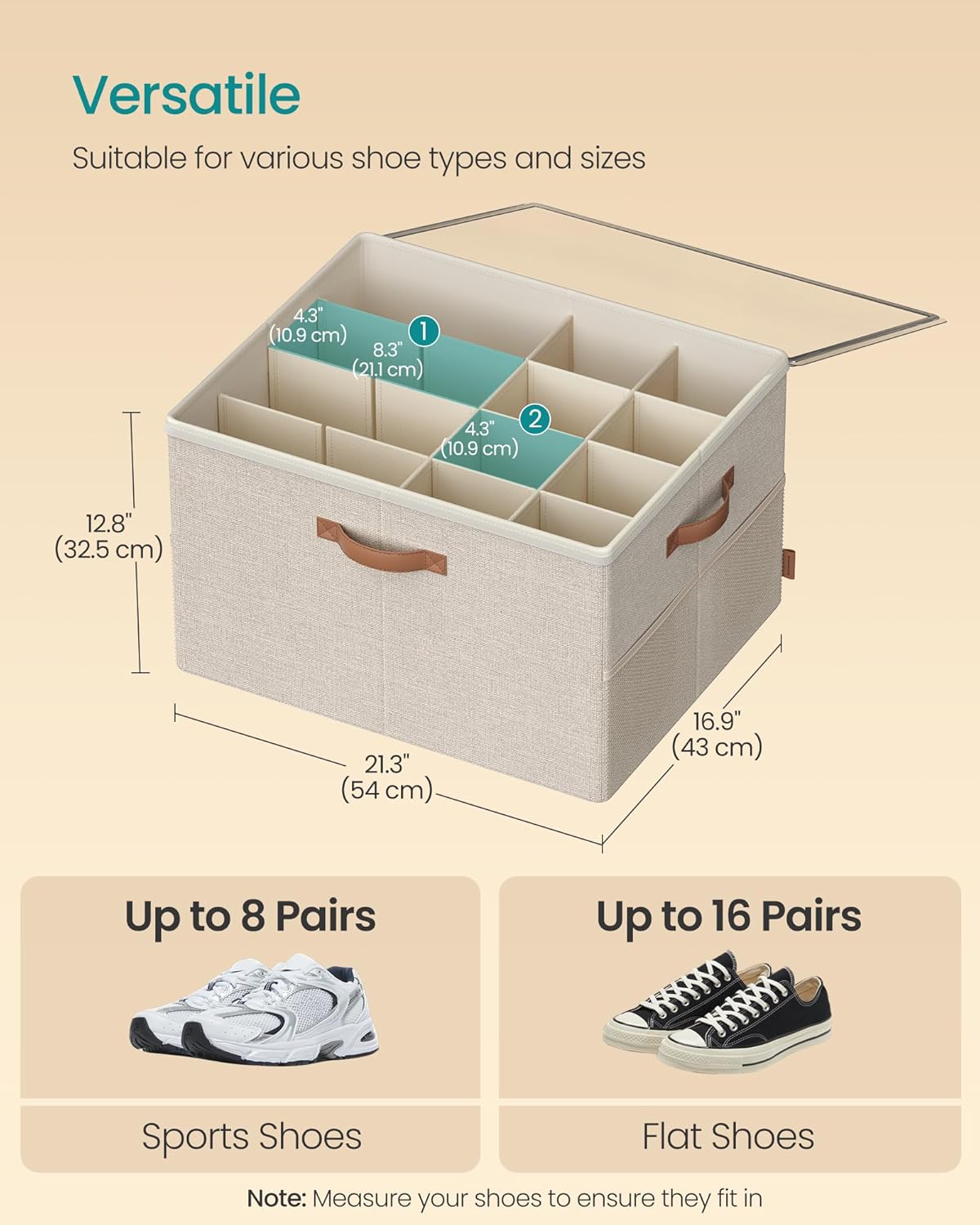 SONGMICS Shoe Organizer for Closet, Shoe Storage Bin, Fits 16 Pairs, Fabric Container with Handles and Clear Cover, Adjustable Dividers, Customizable, Cappuccino Beige ULSP555K01