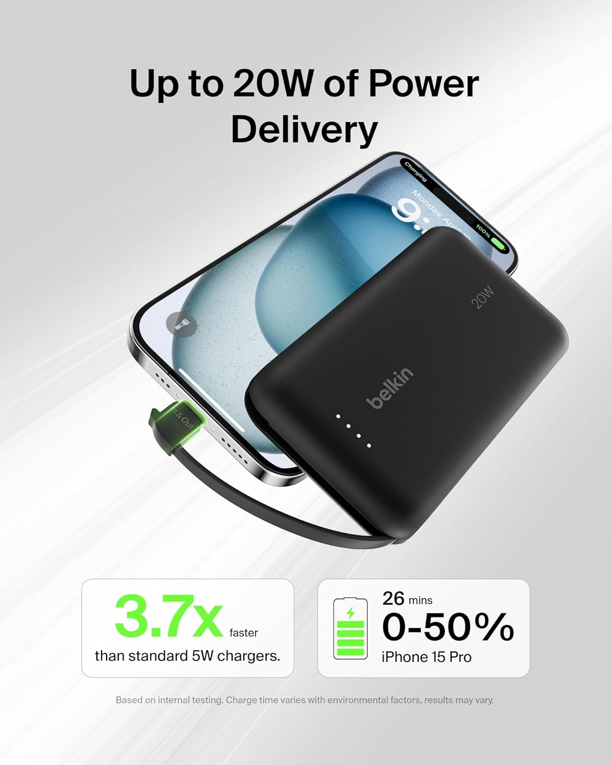 Belkin Portable Charger, Power Bank 10000 mAh with Integrated Cable - 20W Fast Charge USB-C Power Delivery, iPhone Charger - Apple iPhone 16 Series, iPad Pro, Samsung Galaxy S25, & More - Black