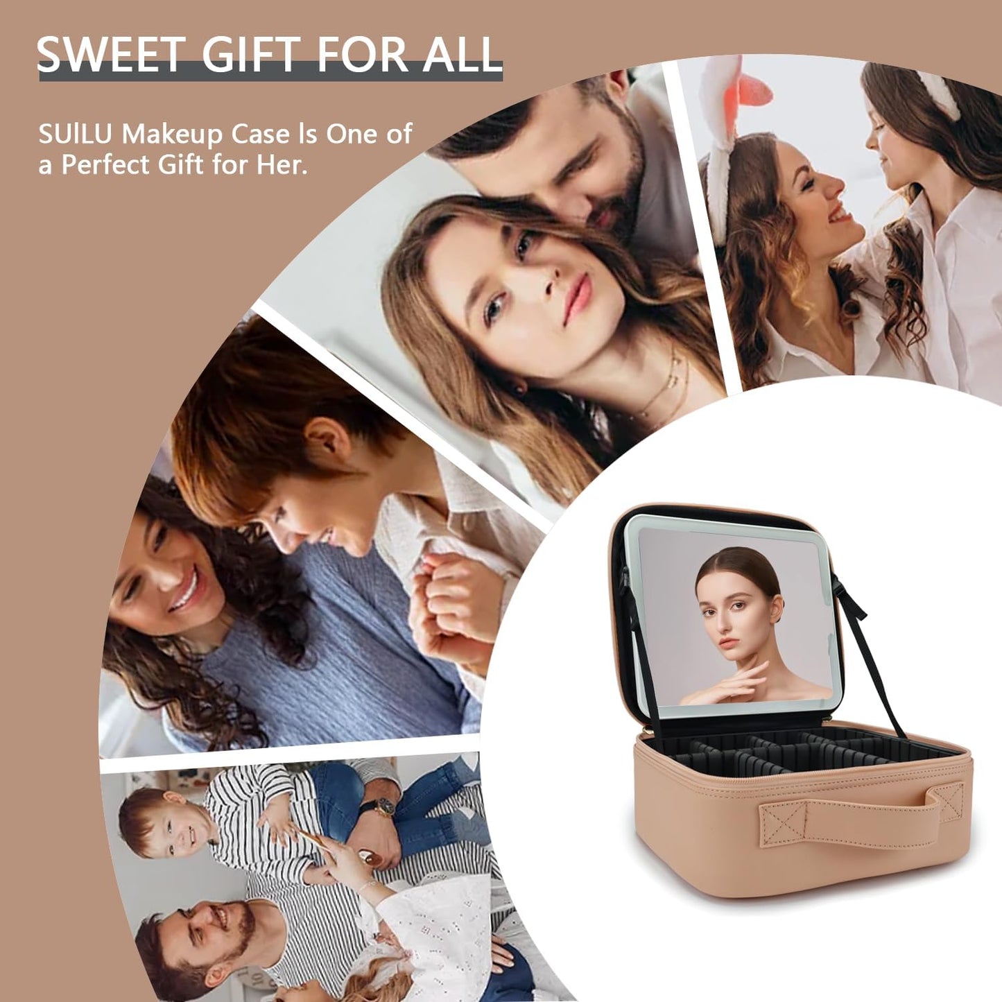 Makeup Bag with Led Mirror,Travel Makeup Organizer with 3 Color Setting & 10X Magnifying Mirror, Portable Storage and Adjustable Dividers Travel Makeup Bag-khaki