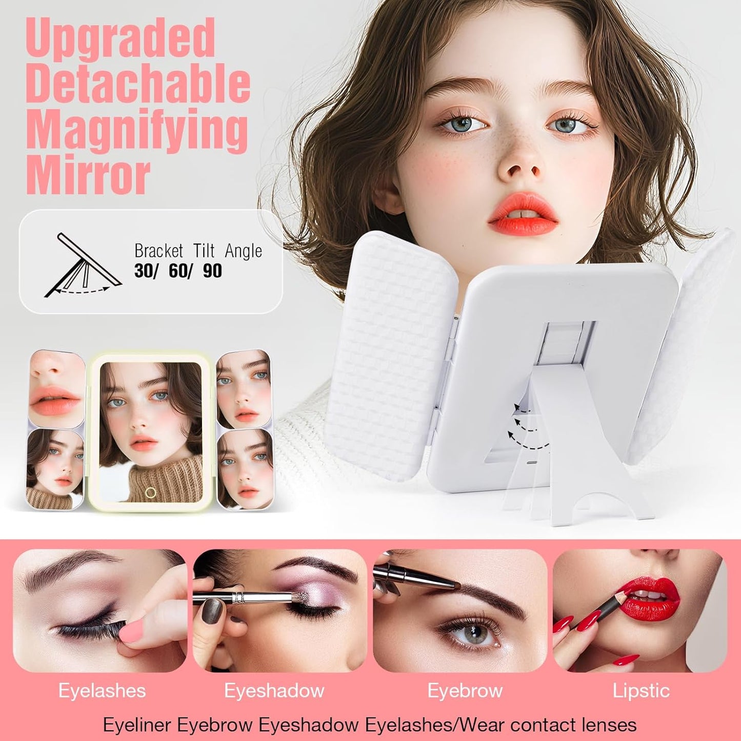 Mid-Size Makeup Bag with LED 1X5X10X20X30X Magnifying Mirror and Travel Makeup Train Case Cosmetic Organiser with Mirror and Separate Makeup Brush Panel, Portable Adjustable Divider, Pink