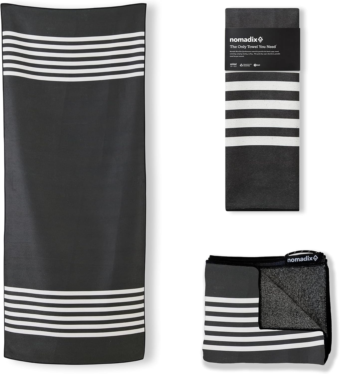 Nomadix Original Towel - Perfect for Beach, Pool, Travel, Camping, Yoga - Made with Recycled Materials - Super Absorbent - Sand Resistant - Poolside Black - 72.5x30