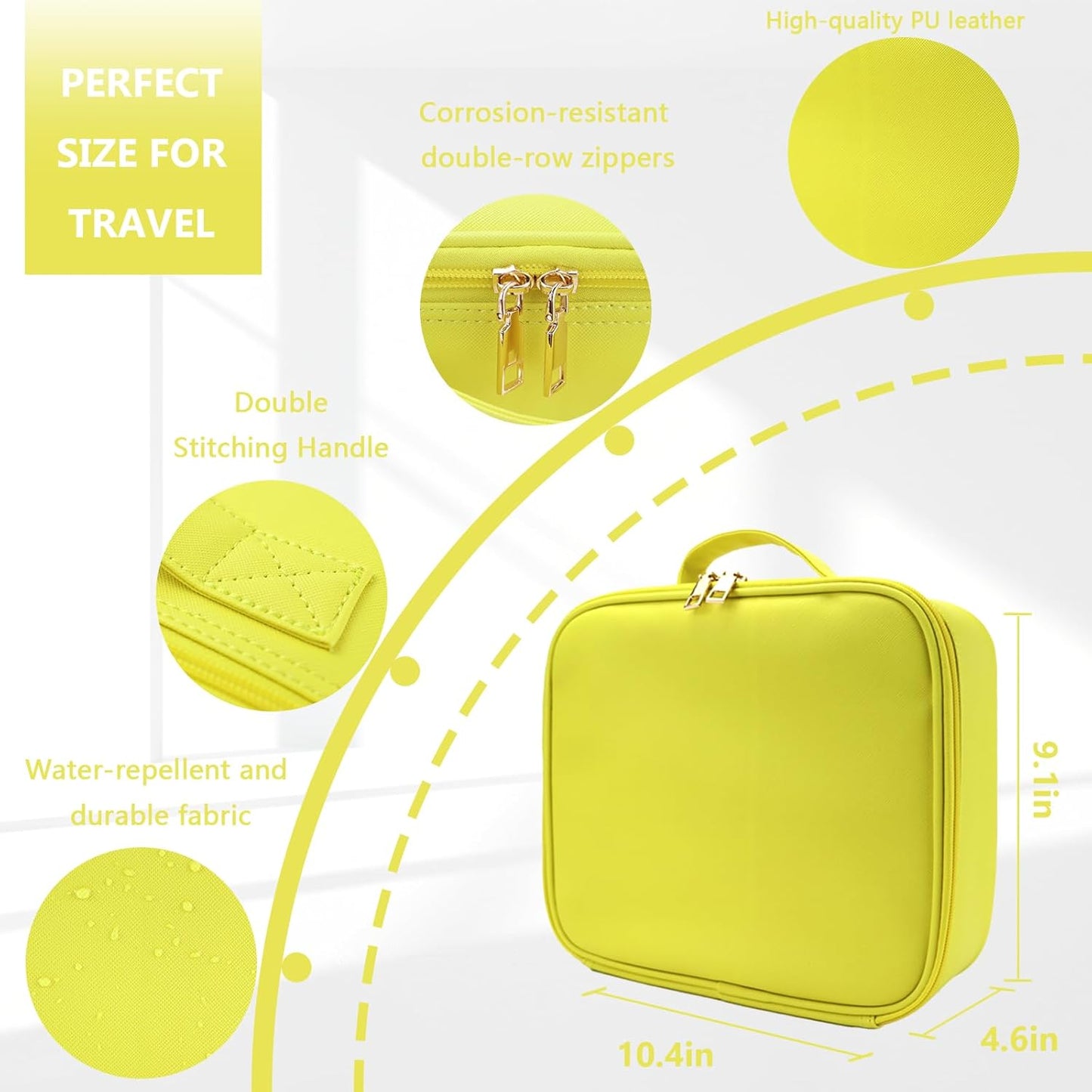 Travel Makeup Bag for Women and Makeup Artists Cosmetic Organizer Large Makeup Case,Travel Makeup Bag with Mirror 3 Color Setting,Portable Storage and Adjustable Dividers(yellow)