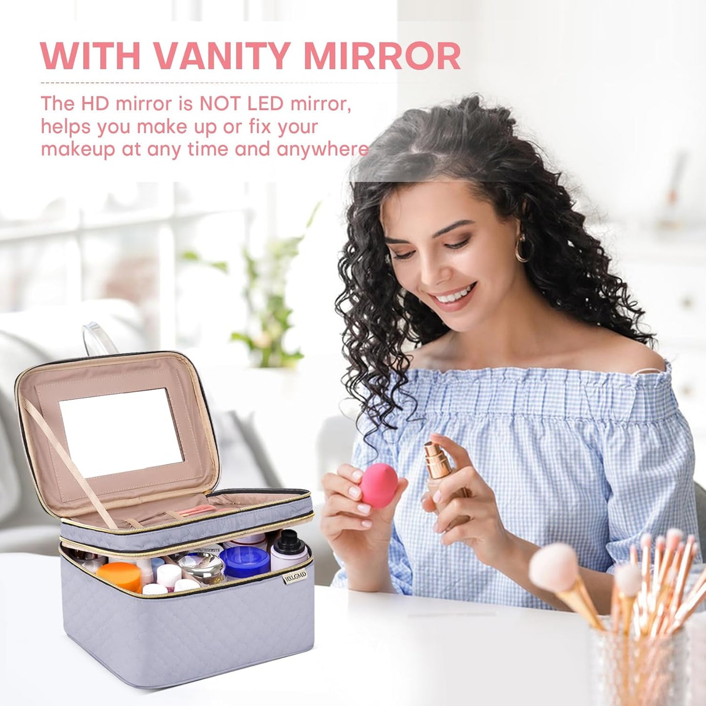 Large Makeup Bag with Mirror Double Layer Travel Make Up Organizer Case, Large Capacity Coemetic with Brush Slot Divider, Travel Toiletry Bag for Women (Grey)