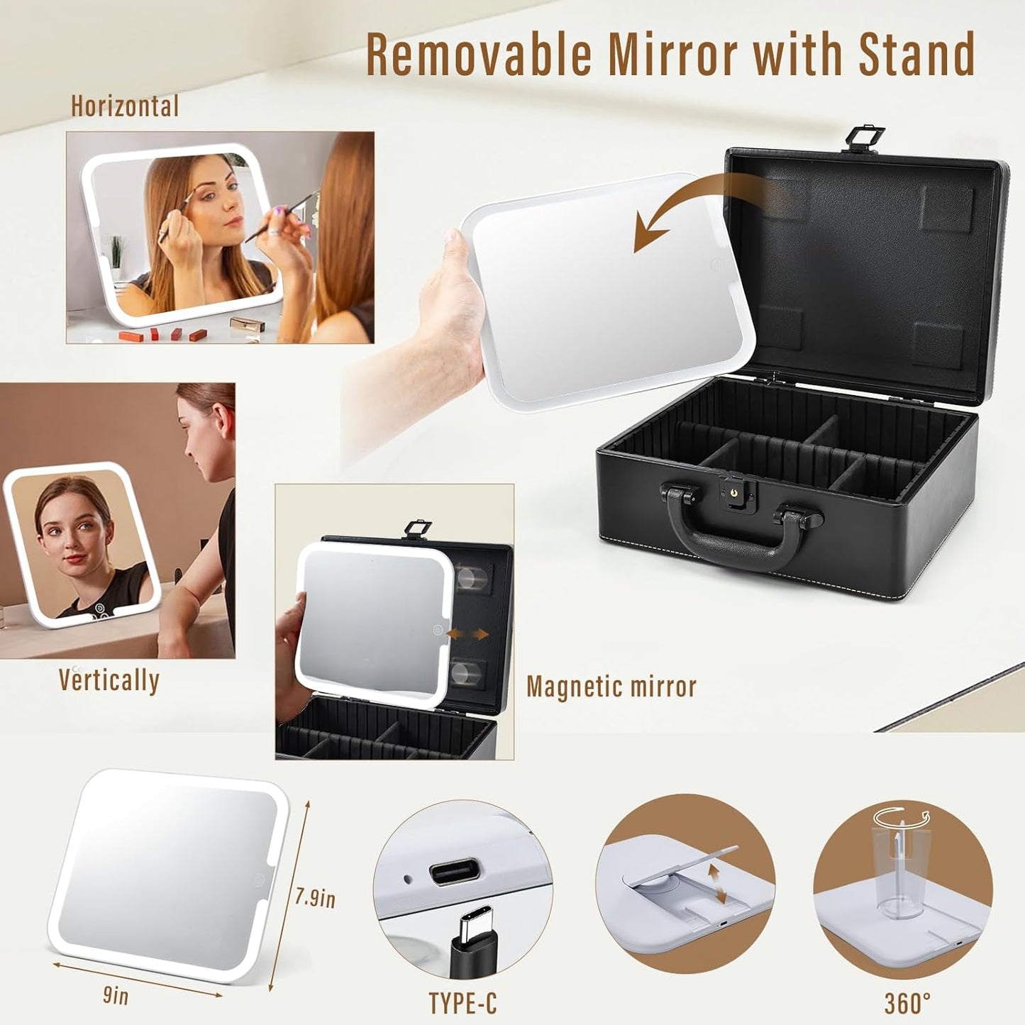 Joligrace Makeup Box with Detachable Lighted Mirror, Travel Train Case, Portable Makeup Case Cosmetic Organizer Vanity Cases for Women with Adjustable Dividers, Rechargeable Magnetic LED Mirror, Black