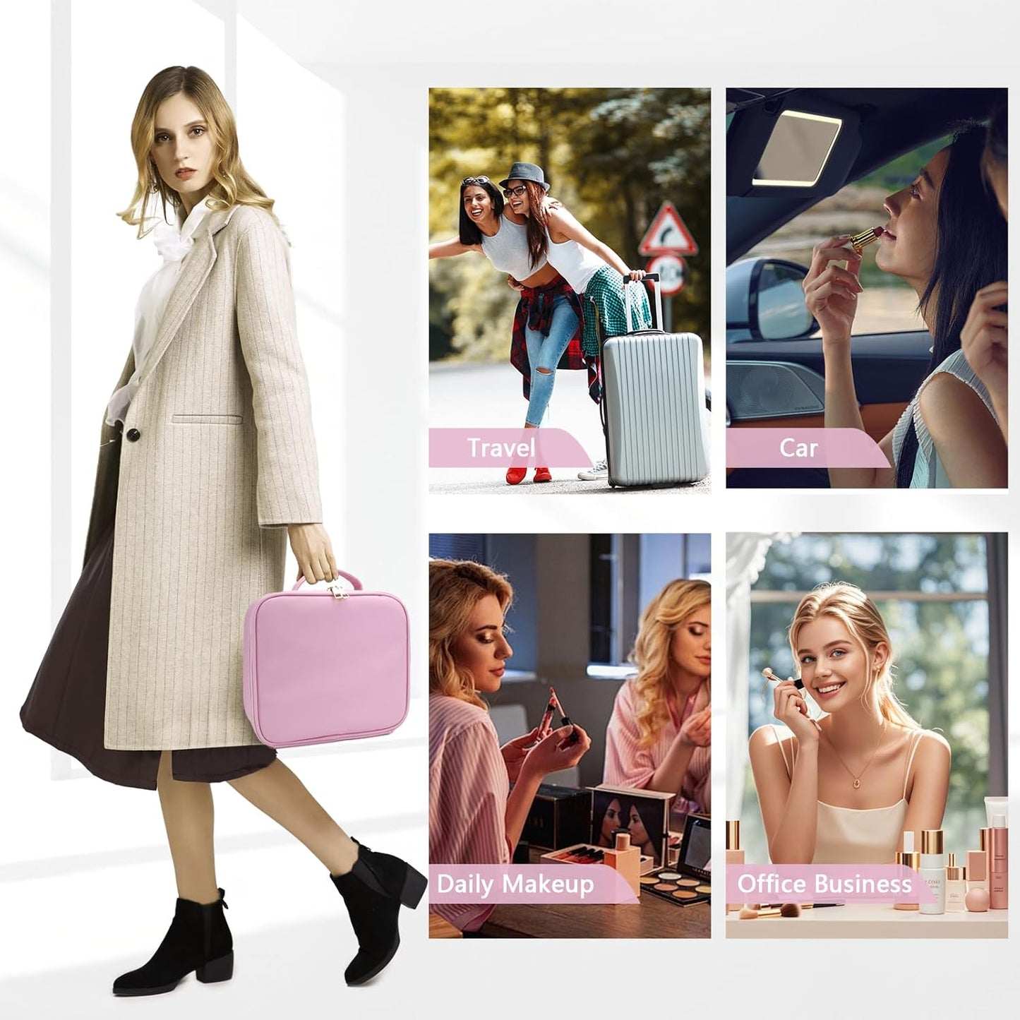 Travel Makeup Bag,with Mirror 3 Color Setting and Detachable 10x Magnifying Mirror Travel Makeup Bag,Portable Storage and Adjustable Dividers（Light Pink）