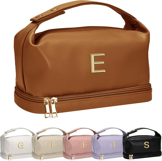 Makeup Bag For Teens 16-18, Personalized Makeup Bag with Handle, Initial Double Layer Cosmetic Bag with Makeup Brush Organizer, Cute Cosmetic Pouch for Women, Gifts for Friends Female Mom