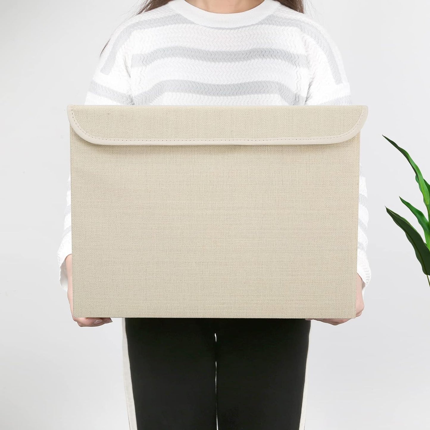 Large 42 Quarts Collapsible Stackable Storage Bins Cube with Lids [3-Pack] Foldable Fabric Linen Storage Boxes, Closet Organizer Baskets with Label for Home (16.7 x 12 x 12, Beige)