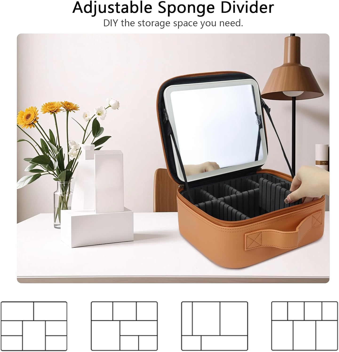 Travel Makeup Bag with LED Mirror Travel Makeup Organizer with 3 Lighted Settings, Adjustable Dividers and Makeup Brush Storage Bag Caramel