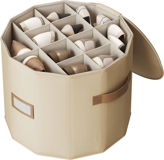 Vailando Shoe Organizer for Closet - Cylindrical Shoe Storage Organizer with Removable Dividers, Rectangular Compartment, Foldable, Beige, 1-Pack