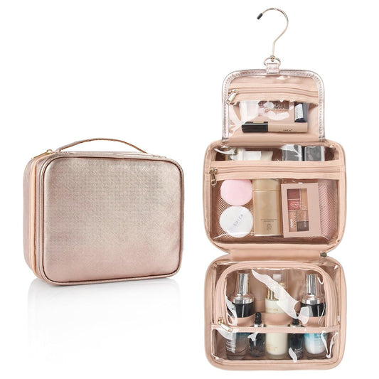 Toiletry Bag for Women - Hanging Travel Toiletry Bag with 360° Hook 3 Compartments Makeup Organizer with Portable Handle PU Leather Water-resistant Cosmetic Pouch