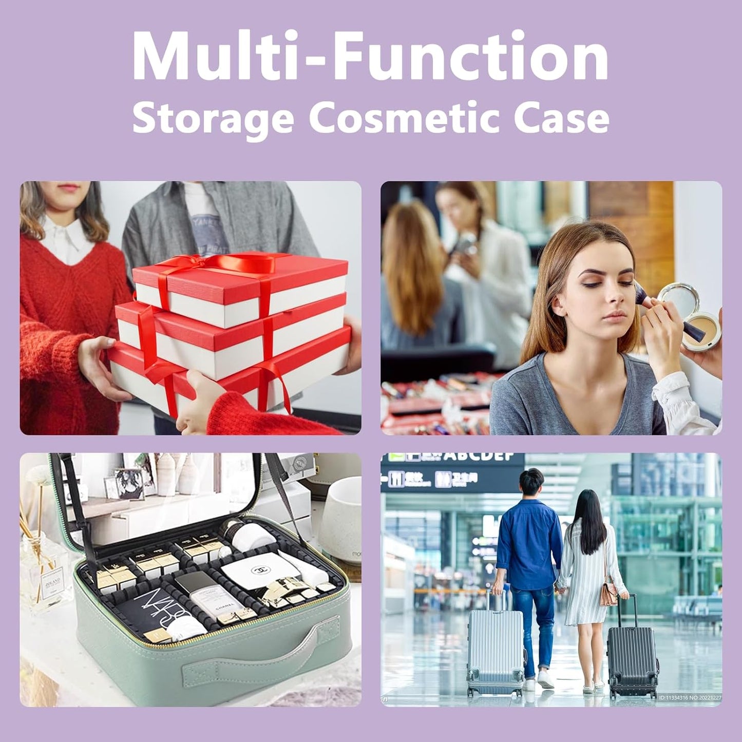 Travel Makeup Bag for Makeup Artists Large Makeup Case,with Mirror 3 Color Setting and Detachable 10x Magnifying Mirror Travel Makeup Bag,Portable Storage and Adjustable Dividers（Purple）