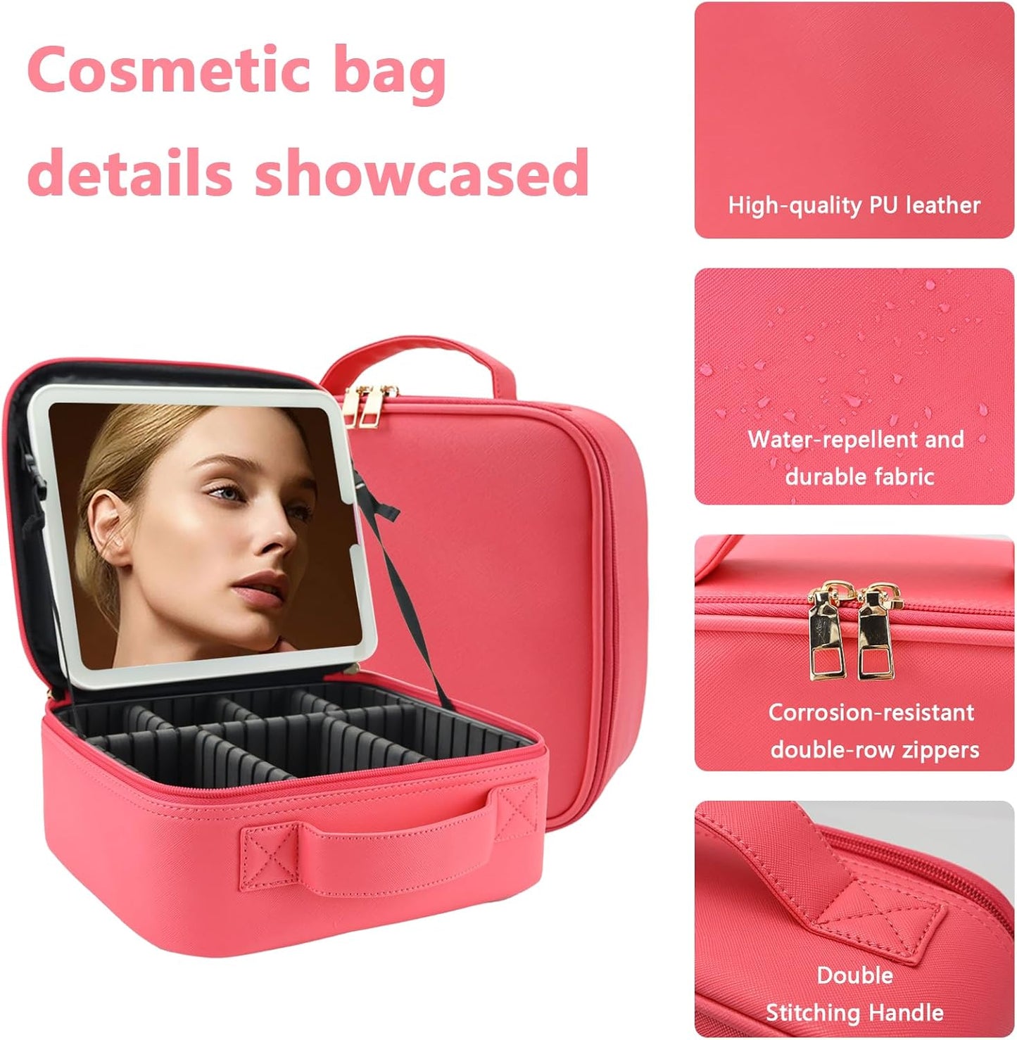 Travel Makeup Bag for Women and Makeup Artists Cosmetic Organizer Large Makeup Case,Travel Makeup Bag with Mirror 3 Color Setting,Portable Storage and Adjustable Dividers(light red)
