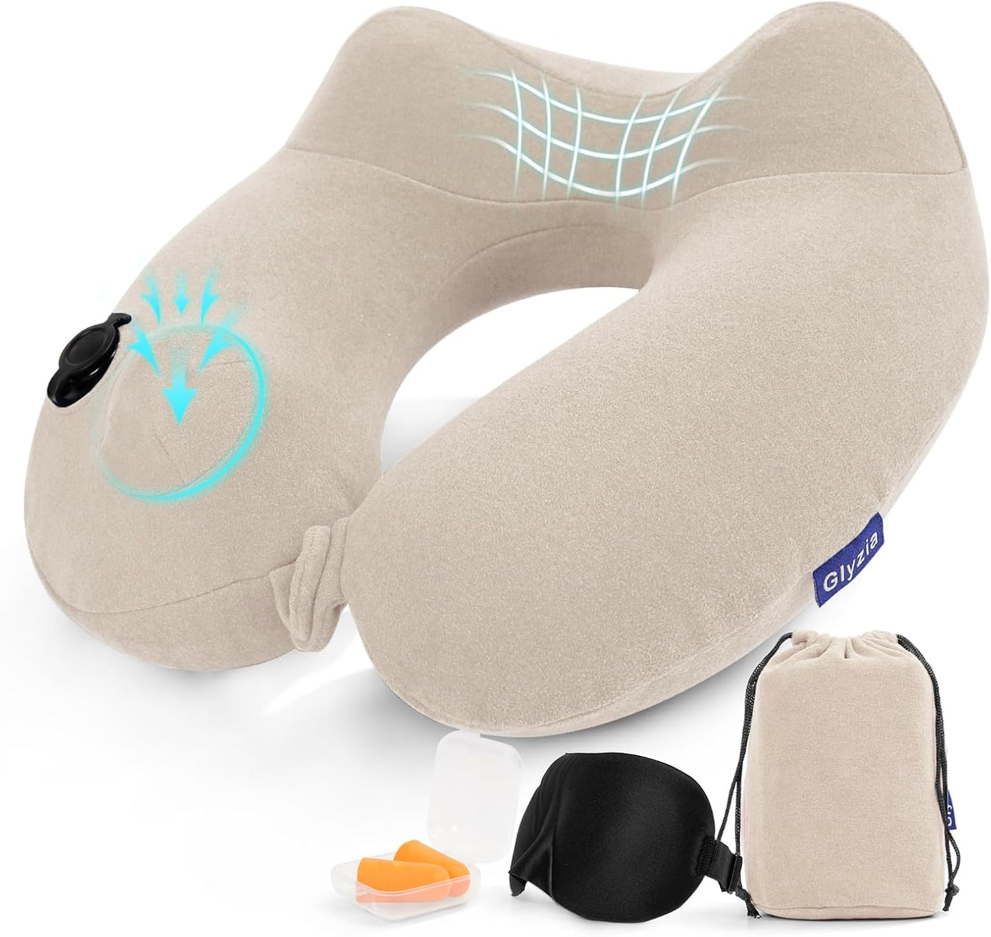 Inflatable Travel Neck Pillow for Airplane, Head Support Velvet Adult Neck Pillow for Long Flight, Kit with Eye Mask, Earplugs and Storage Bag,1, Beige